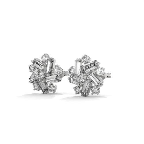 Baguette & Round Diamond Cluster Stud Earrings
