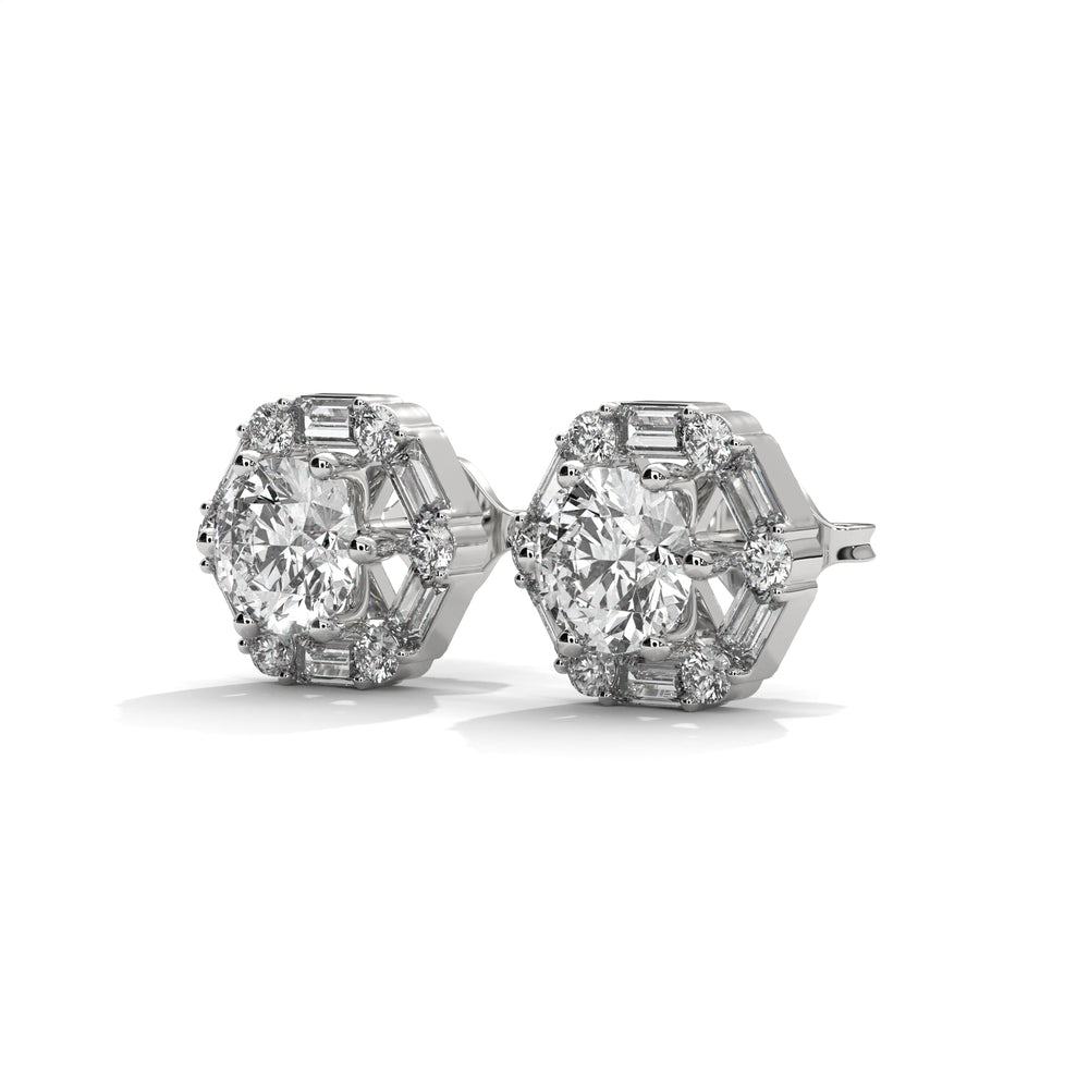 Round & Baguette Diamond Halo Stud Earrings