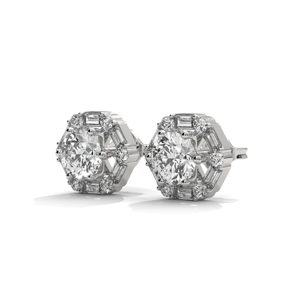 Round & Baguette Diamond Halo Stud Earrings