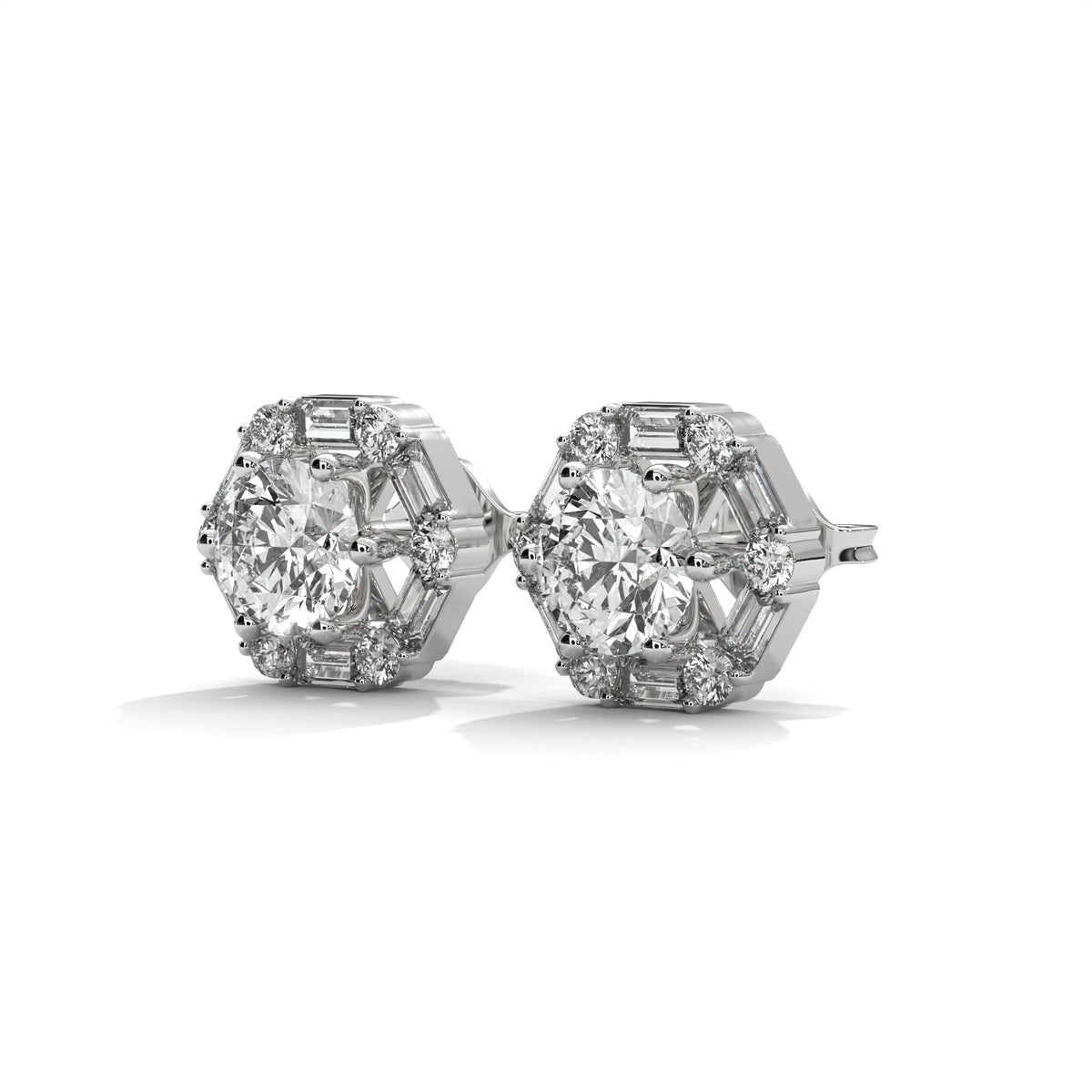 Round & Baguette Diamond Halo Stud Earrings, alternate view — Jewelix Atelier