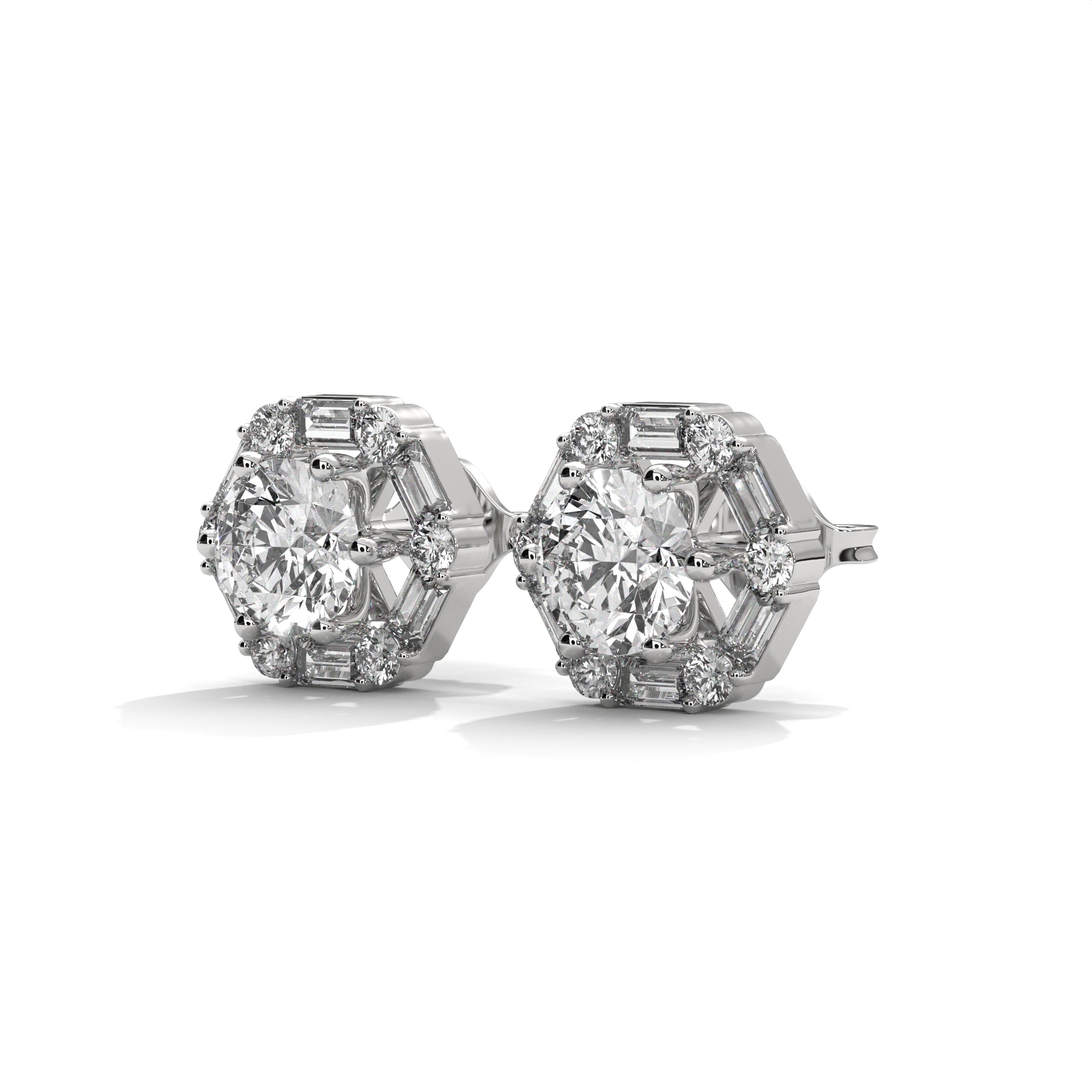 Round & Baguette Diamond Halo Stud Earrings