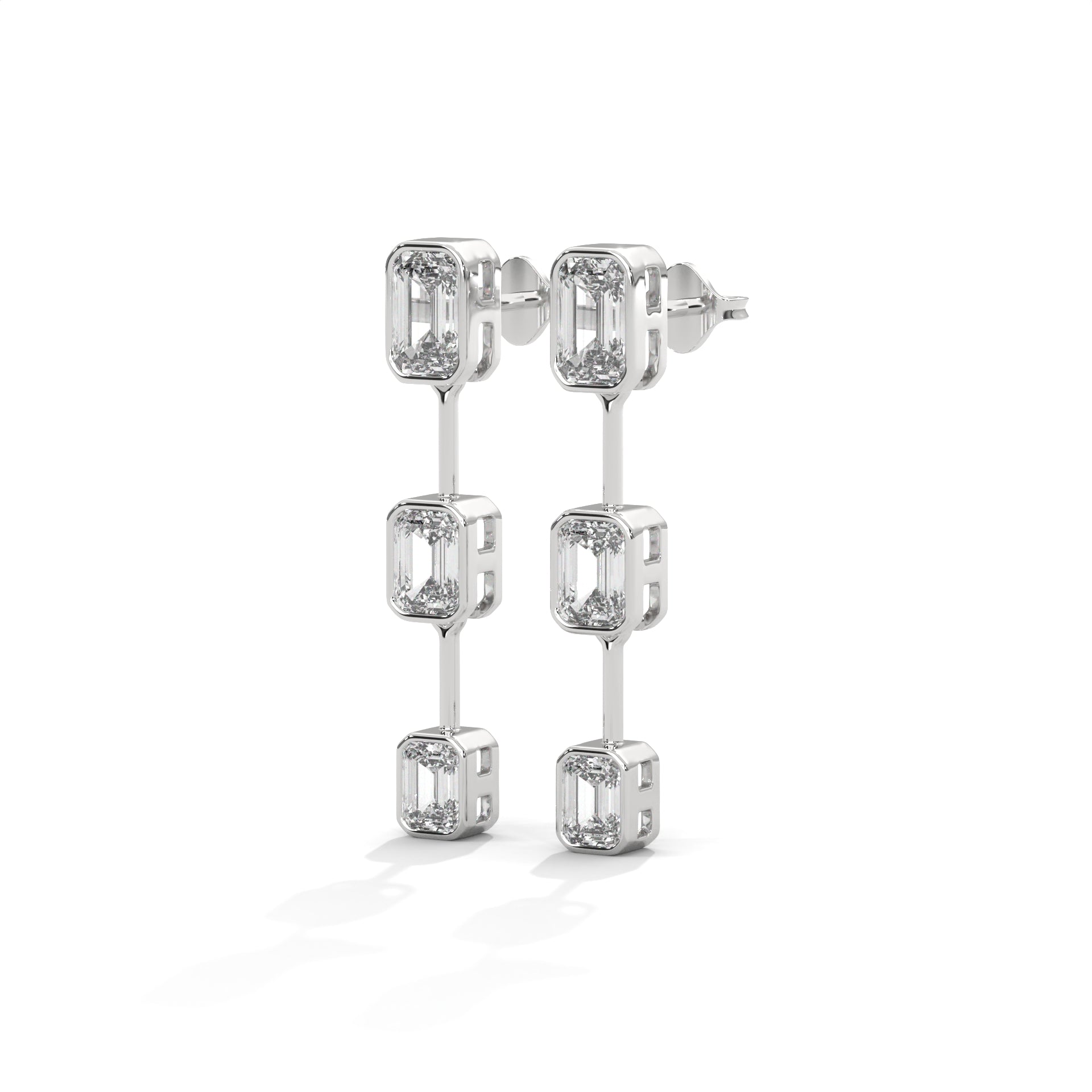 Emerald Cut Three Station Drop Diamond Earrings