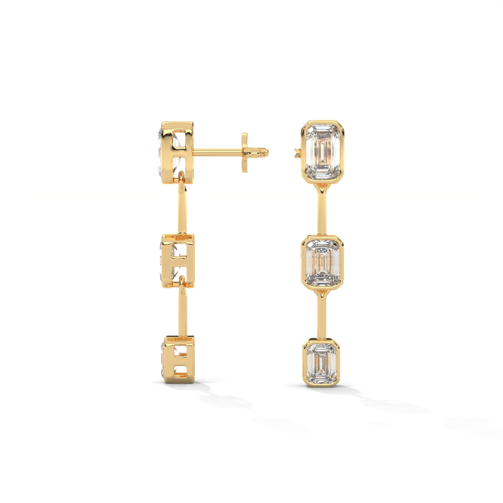 Emerald Cut Three Station Drop Diamond Earrings