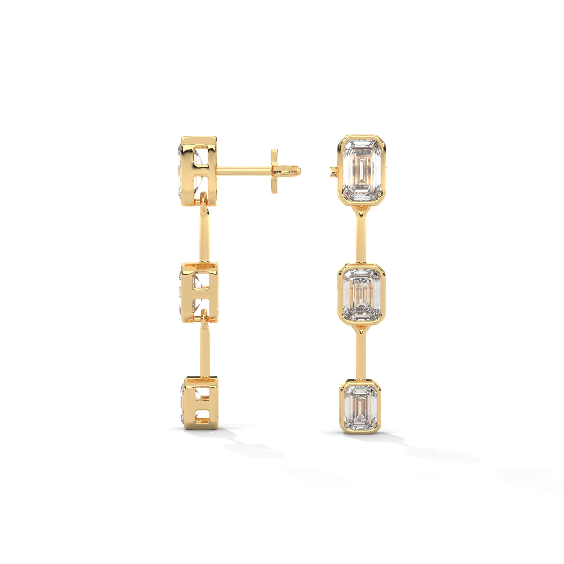 Emerald Cut Three Station Drop Diamond Earrings