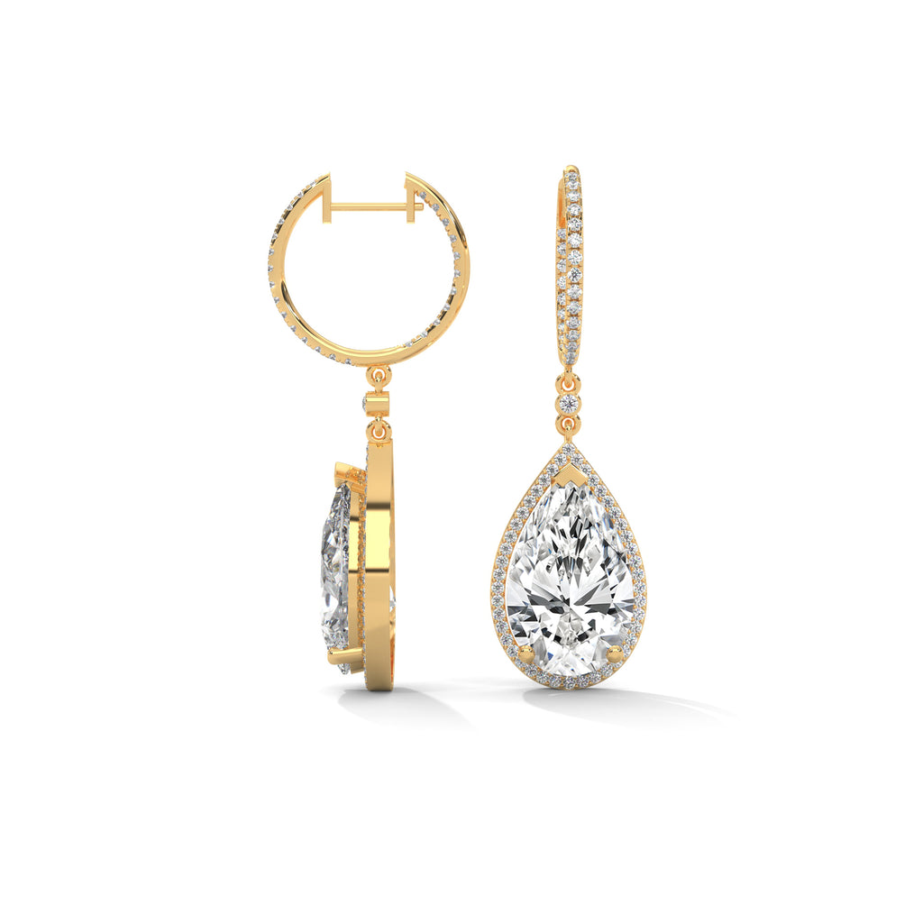 Pear Halo Diamond Drop Hoop Earrings