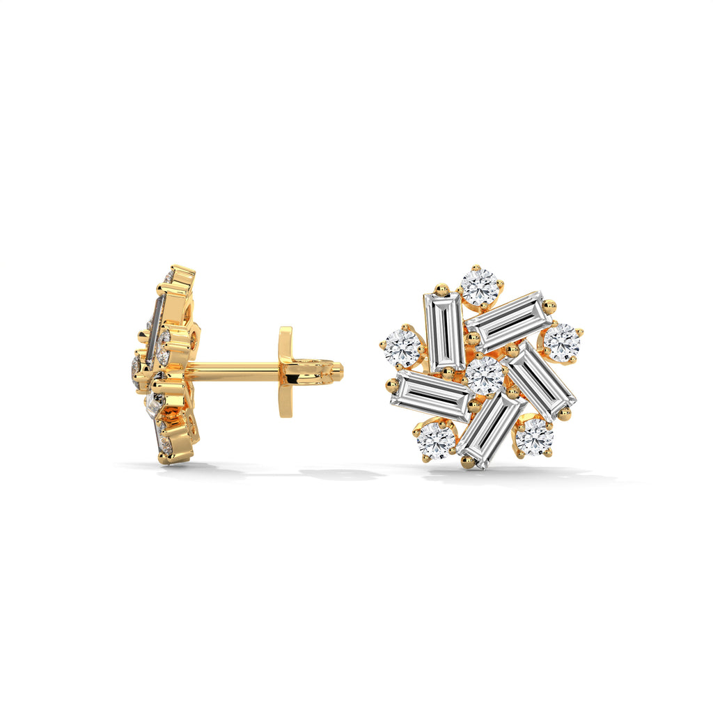 Baguette & Round Diamond Cluster Stud Earrings