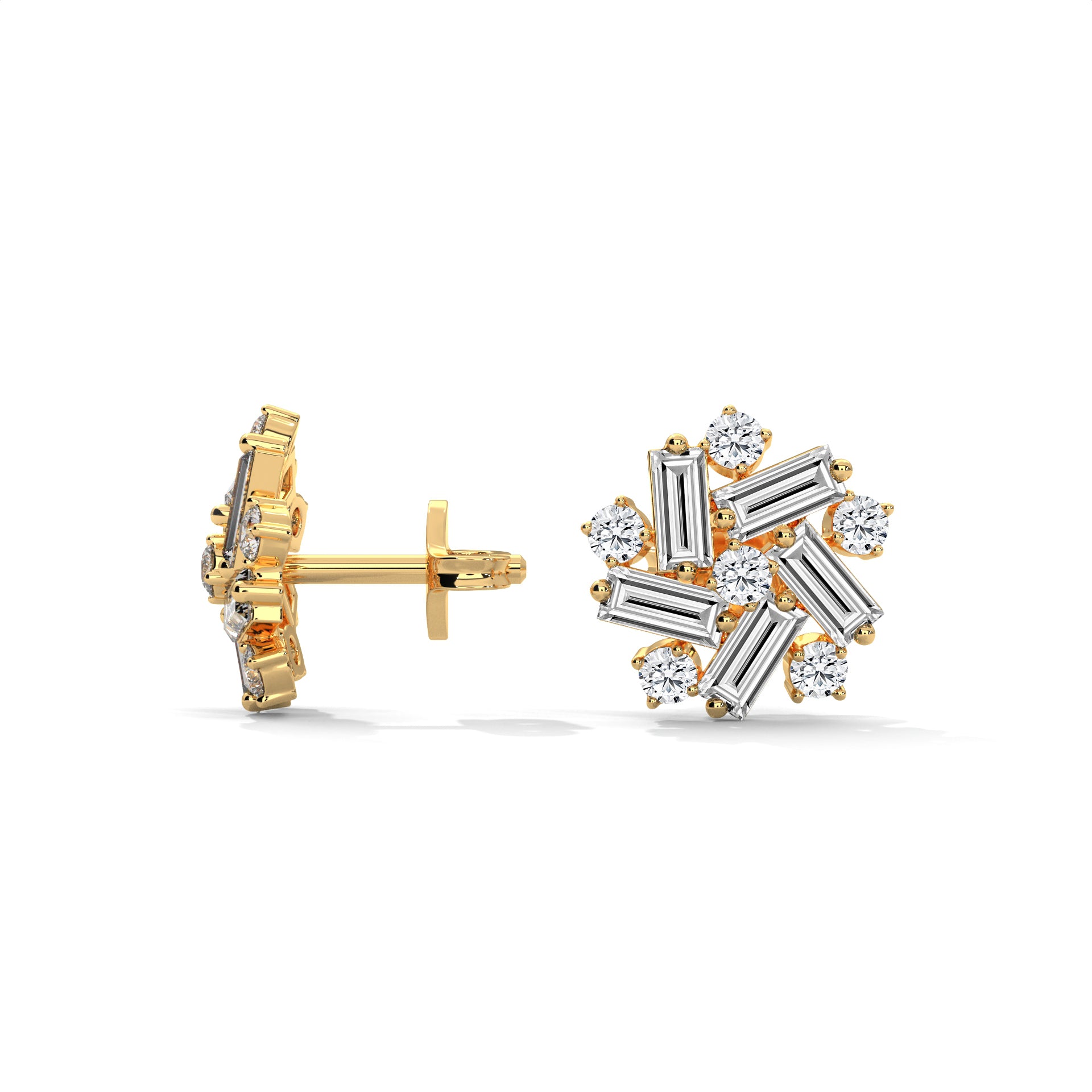 Baguette & Round Diamond Cluster Stud Earrings