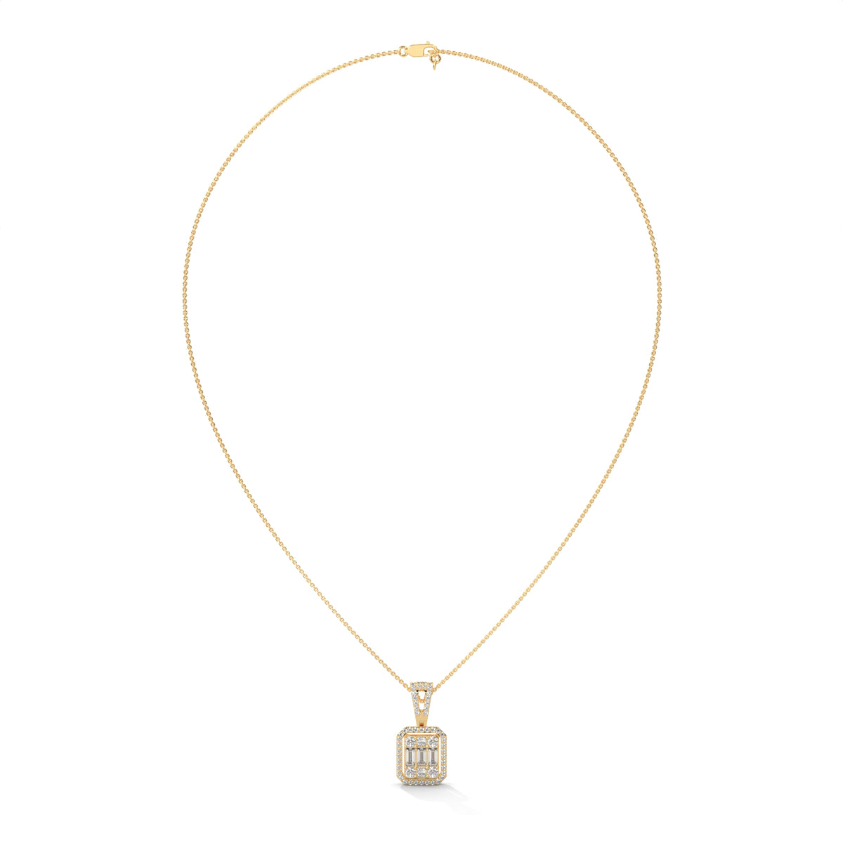 Baguette & Round Diamond Halo Pendant – view 5 of 8, lab grown diamond necklace | Jewelix Atelier