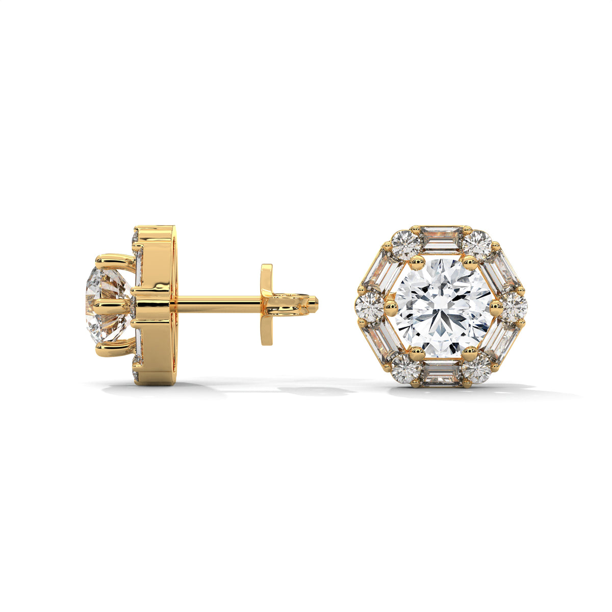Round & Baguette Diamond Halo Stud Earrings, additional photo — Jewelix Atelier