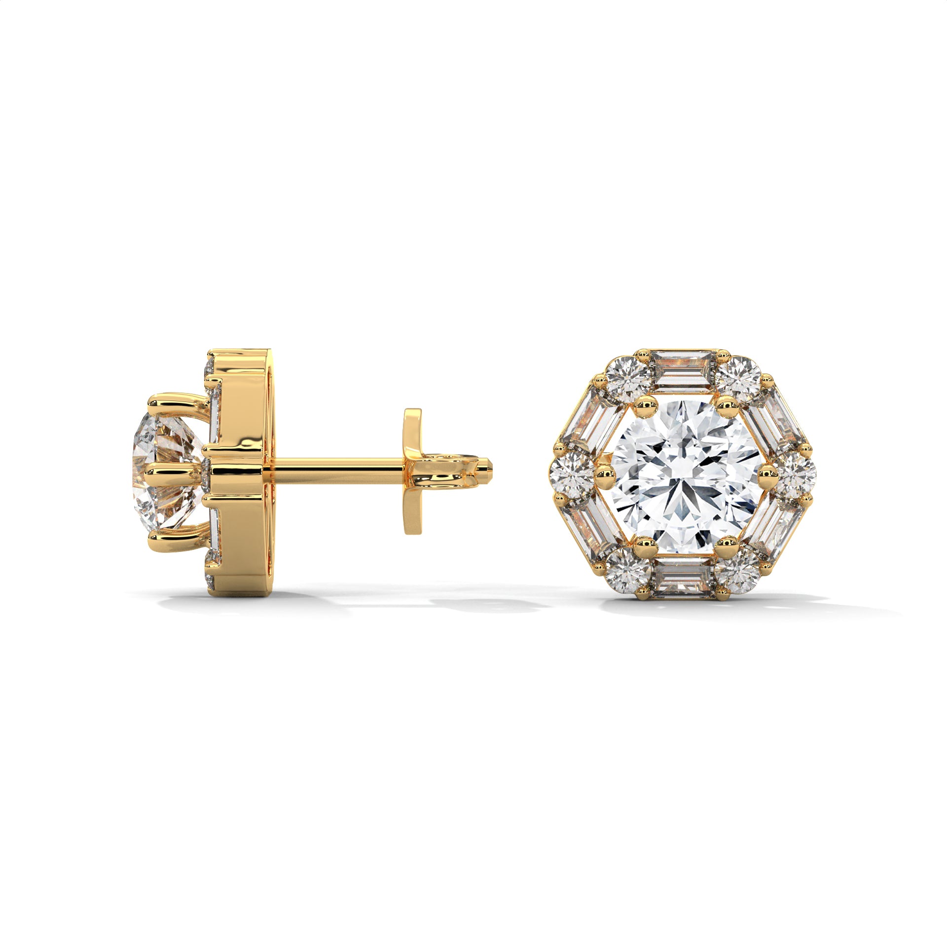 Round & Baguette Diamond Halo Stud Earrings