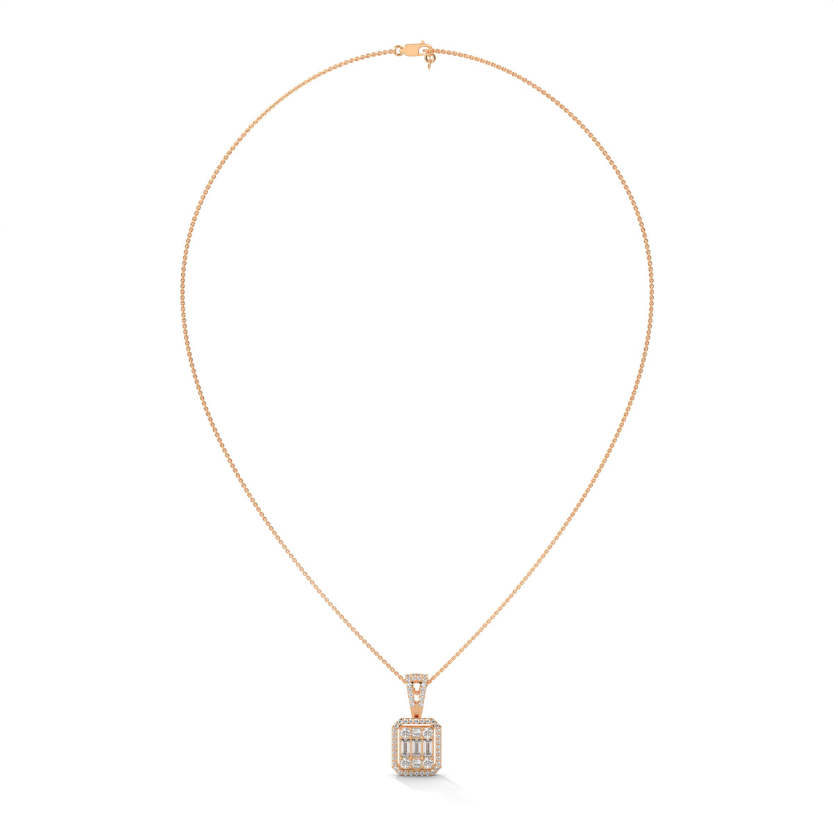 Baguette & Round Diamond Halo Pendant – view 8 of 8, lab grown diamond necklace | Jewelix Atelier