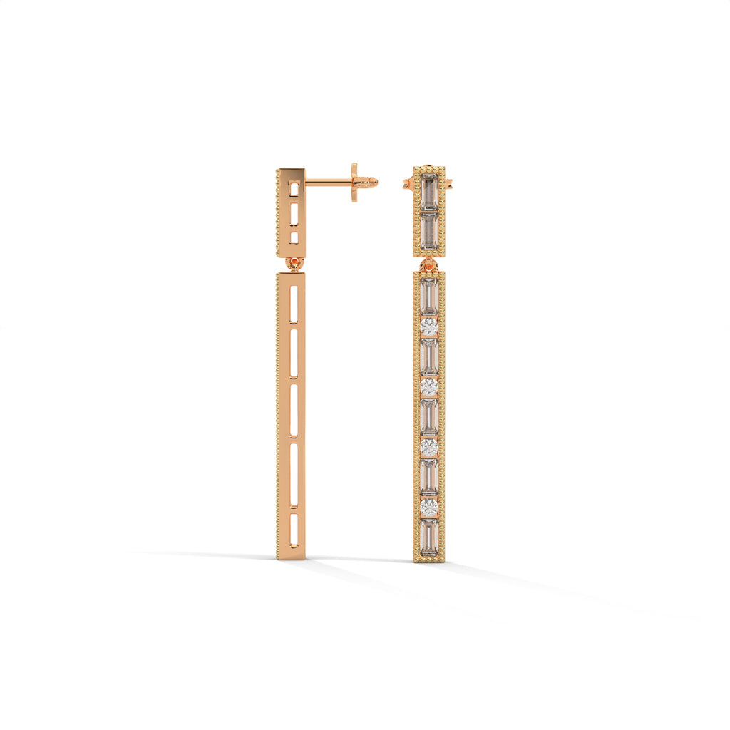 Baguette & Round Diamond Bar Drop Earrings
