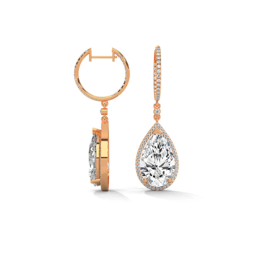 Pear Halo Diamond Drop Hoop Earrings