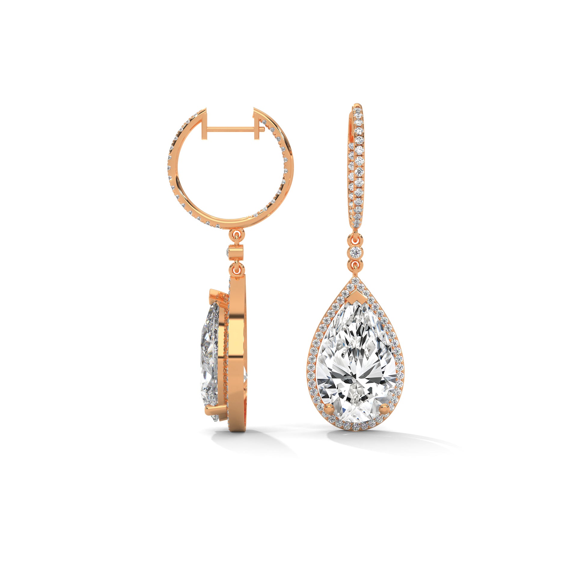 Pear Halo Diamond Drop Hoop Earrings