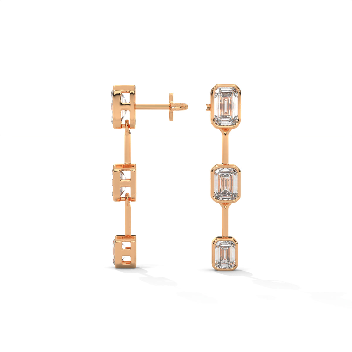Emerald Cut Three Station Drop Diamond Earrings, close-up — Jewelix Atelier