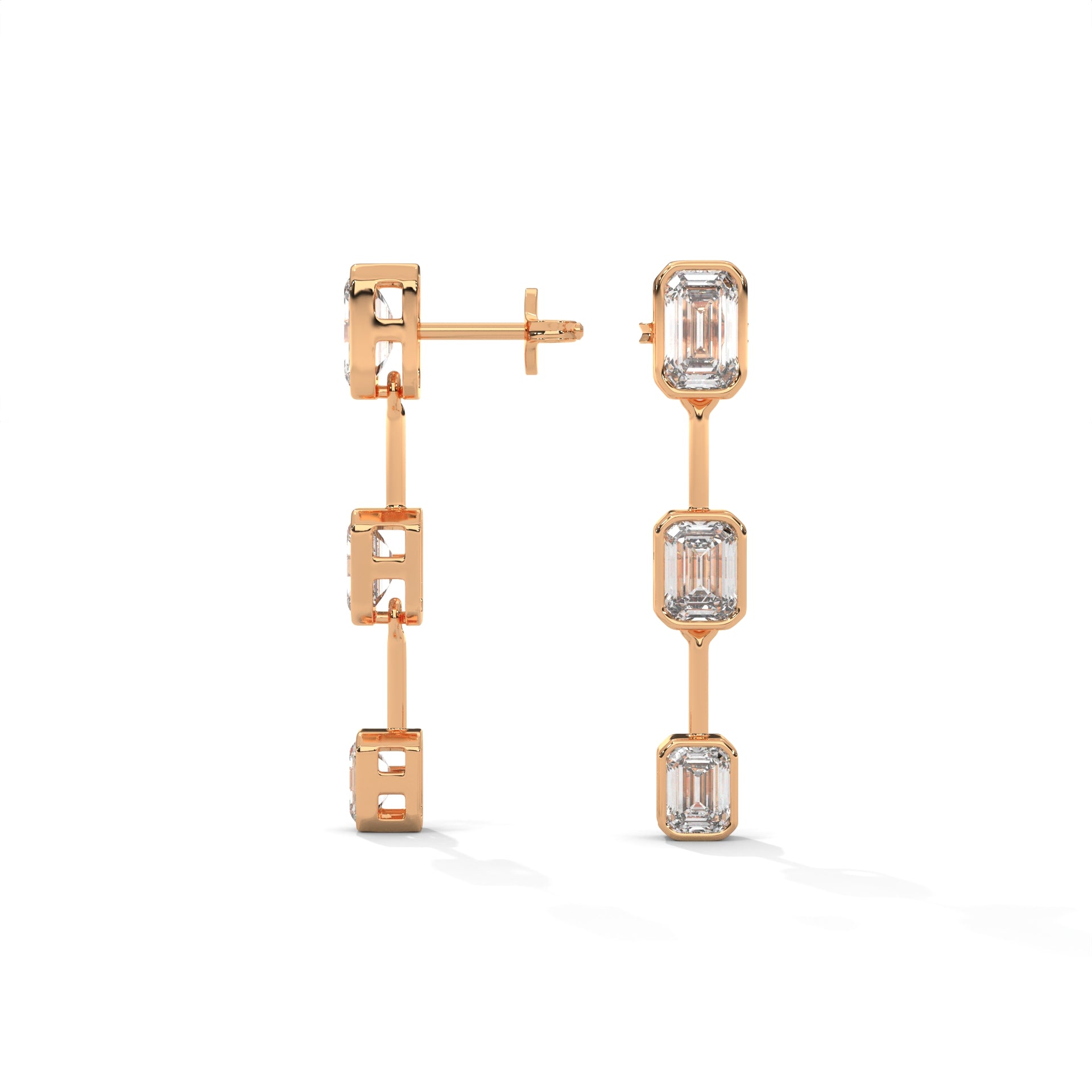 Emerald Cut Three Station Drop Diamond Earrings