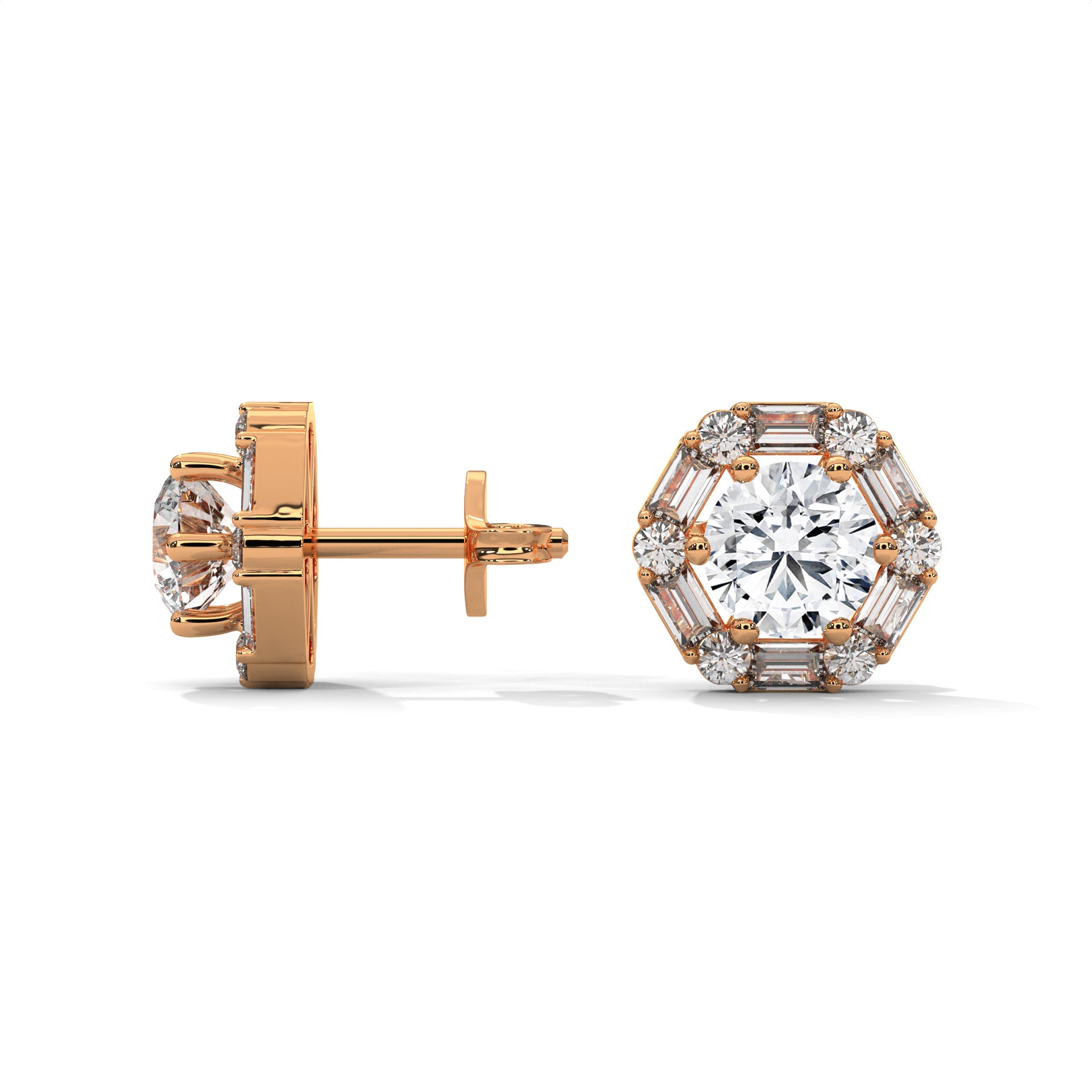 Round & Baguette Diamond Halo Stud Earrings