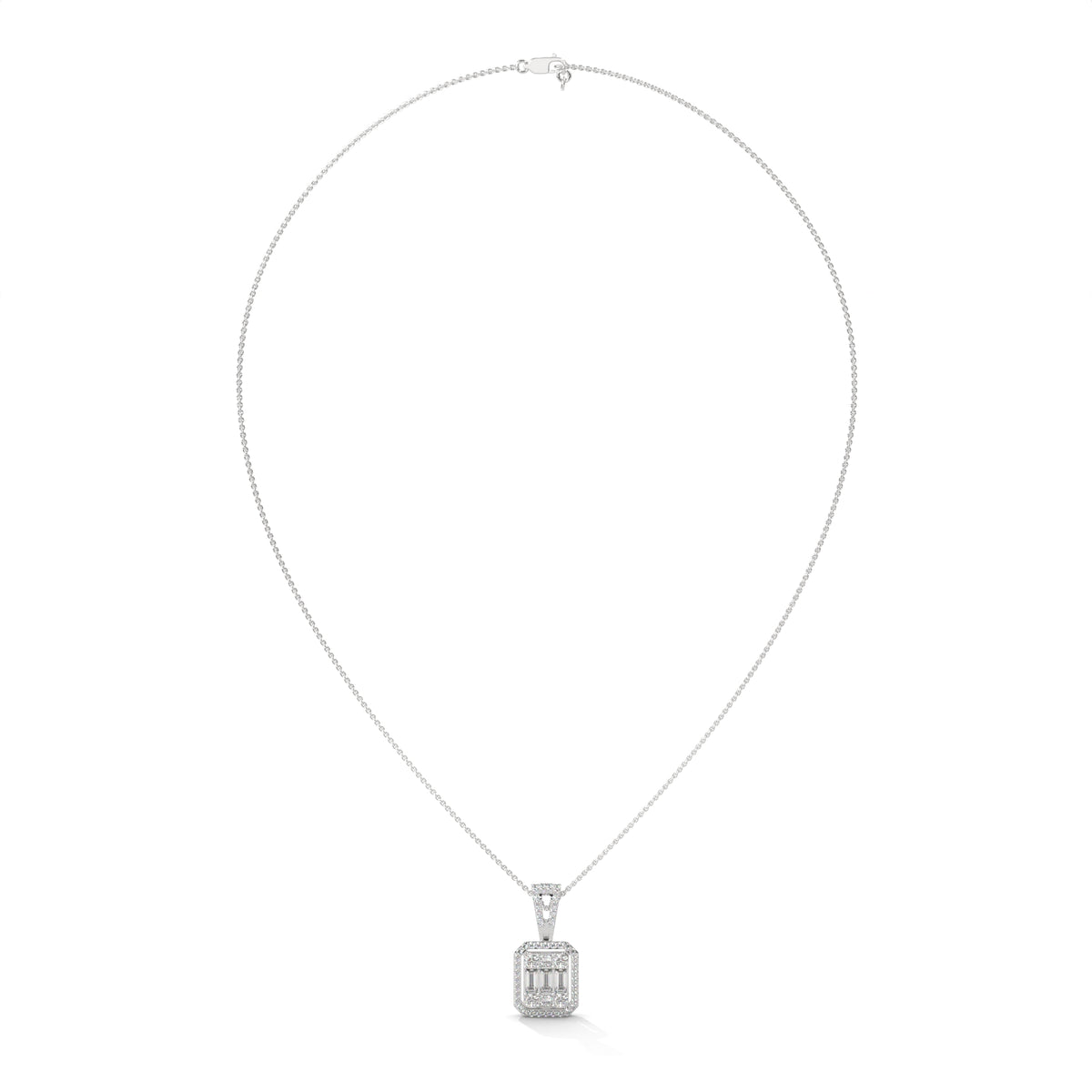 Baguette & Round Diamond Halo Pendant – view 3 of 8, lab grown diamond necklace | Jewelix Atelier