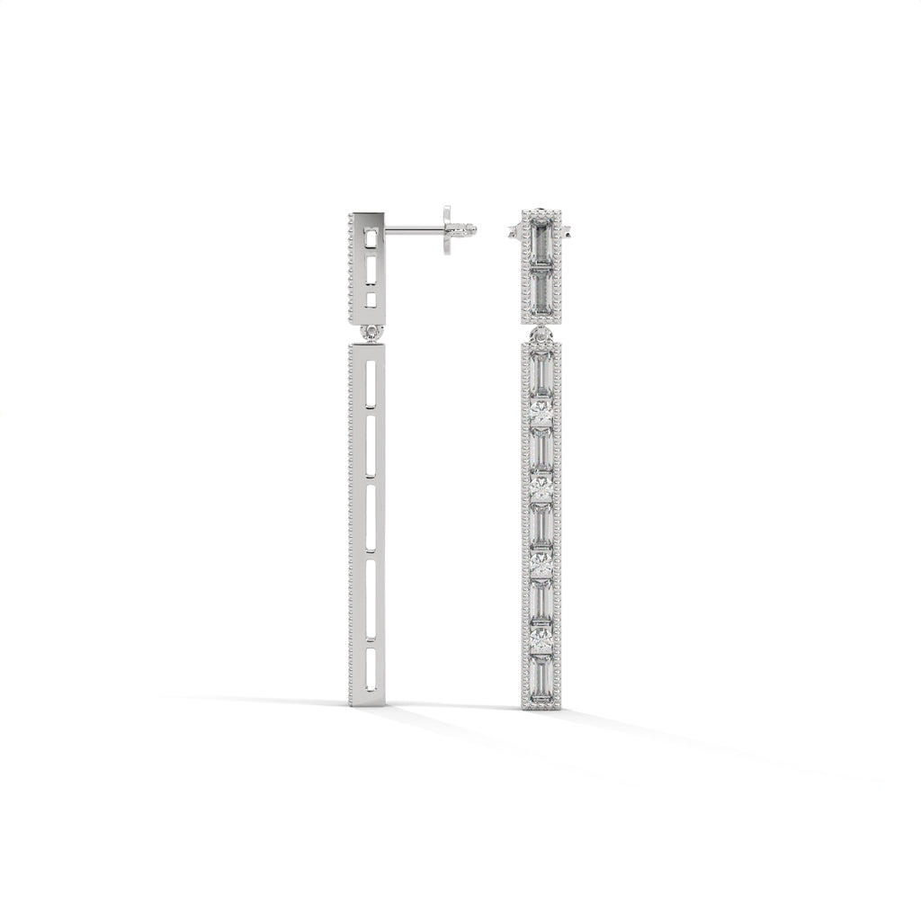 Baguette & Round Diamond Bar Drop Earrings