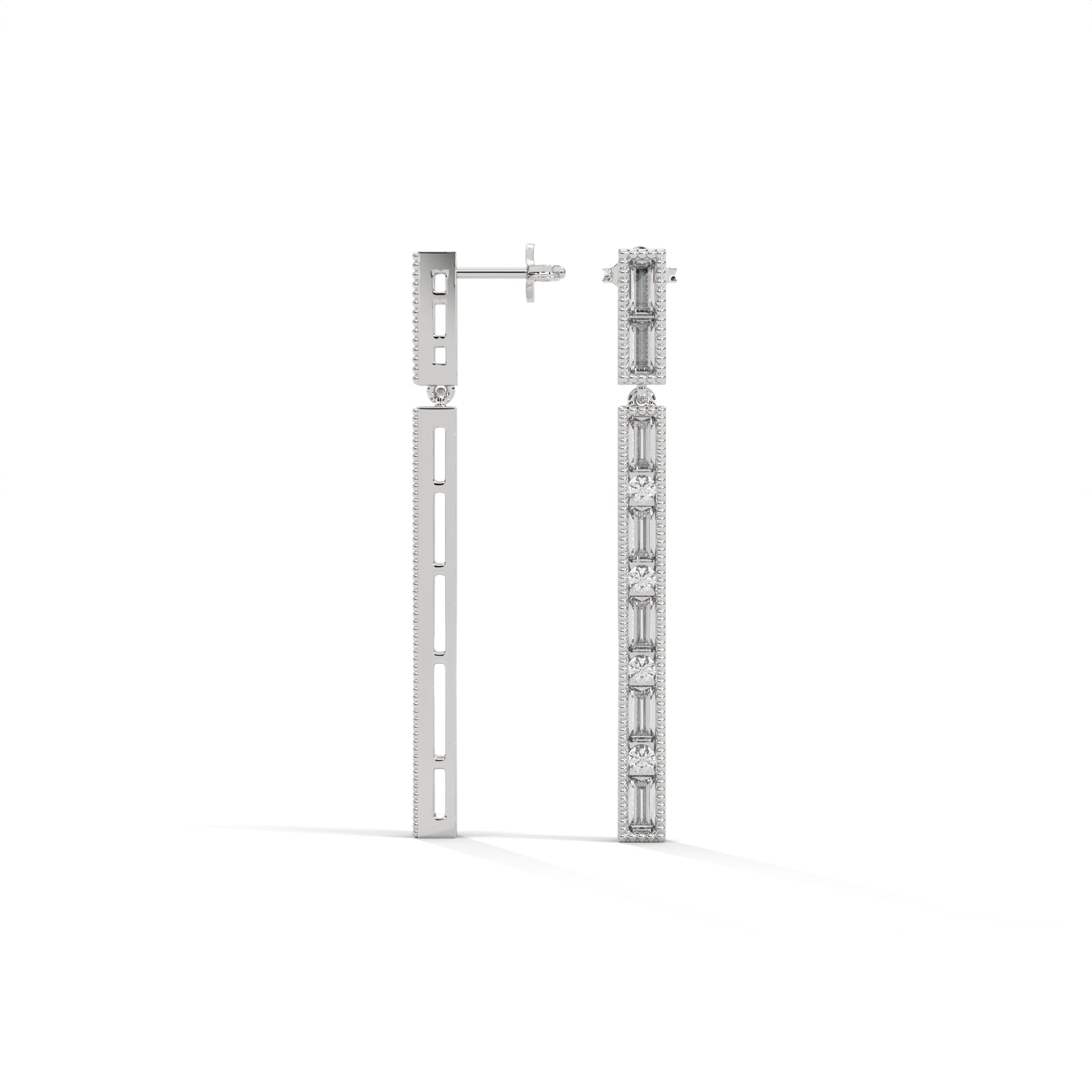 Baguette & Round Diamond Bar Drop Earrings