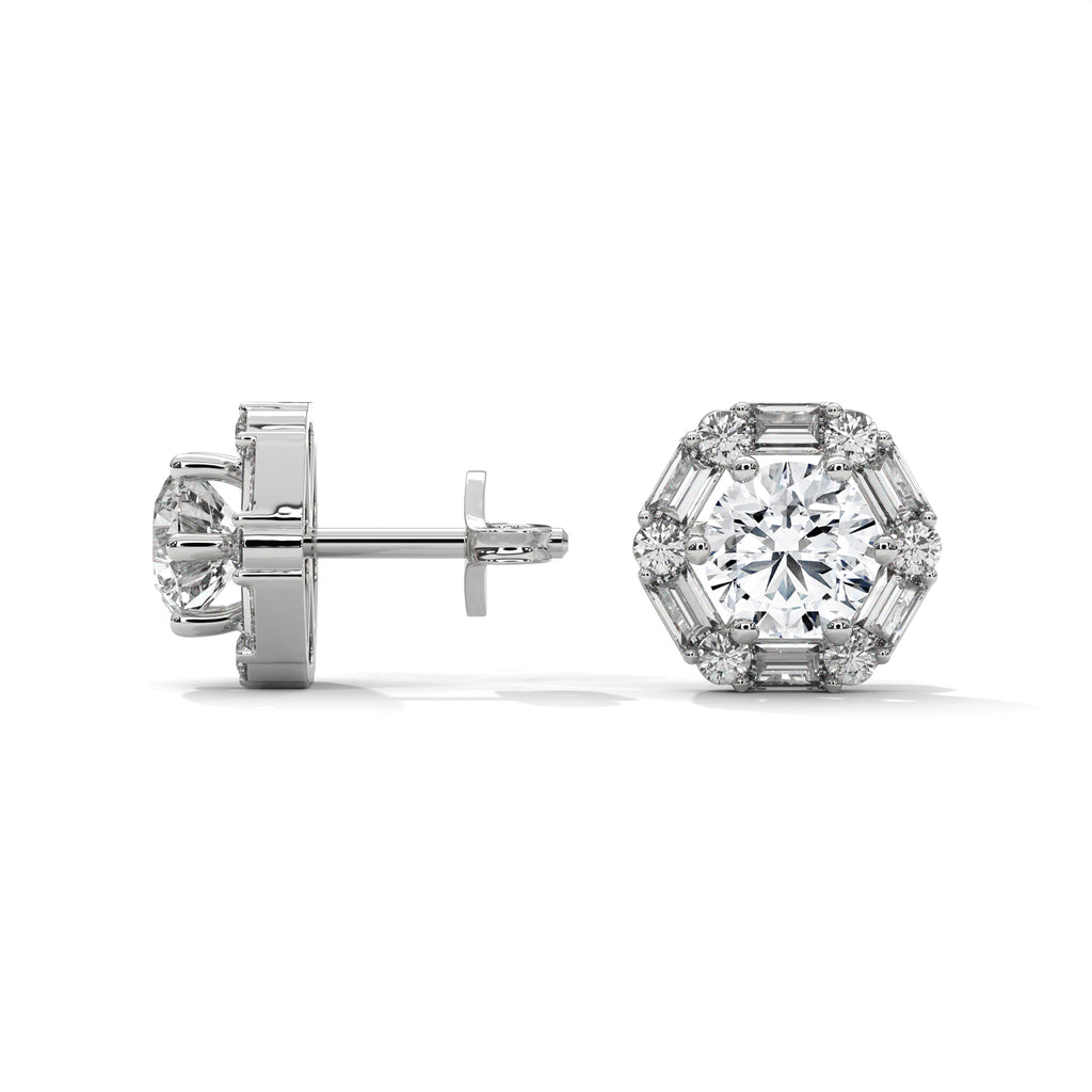 Round & Baguette Diamond Halo Stud Earrings