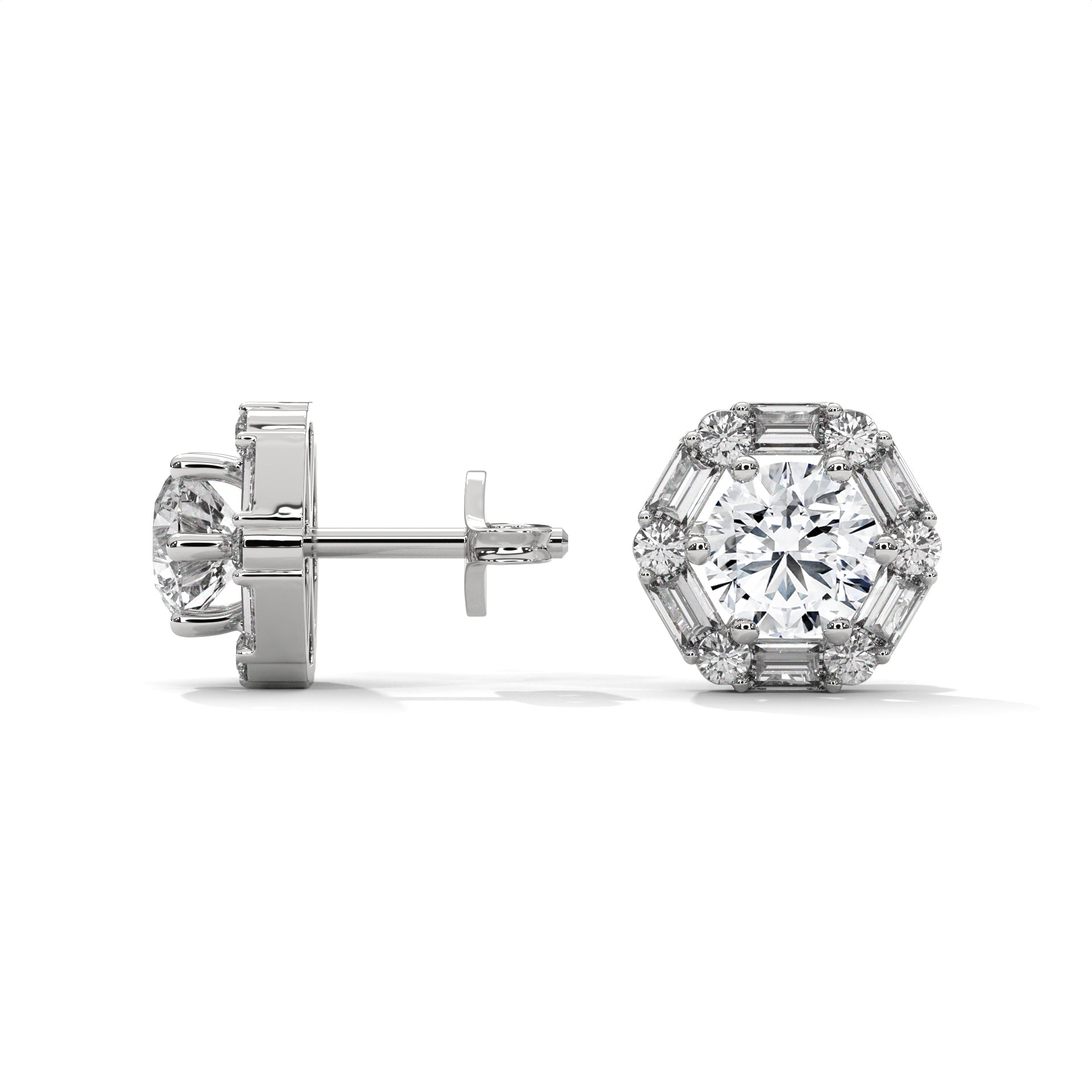 Round & Baguette Diamond Halo Stud Earrings
