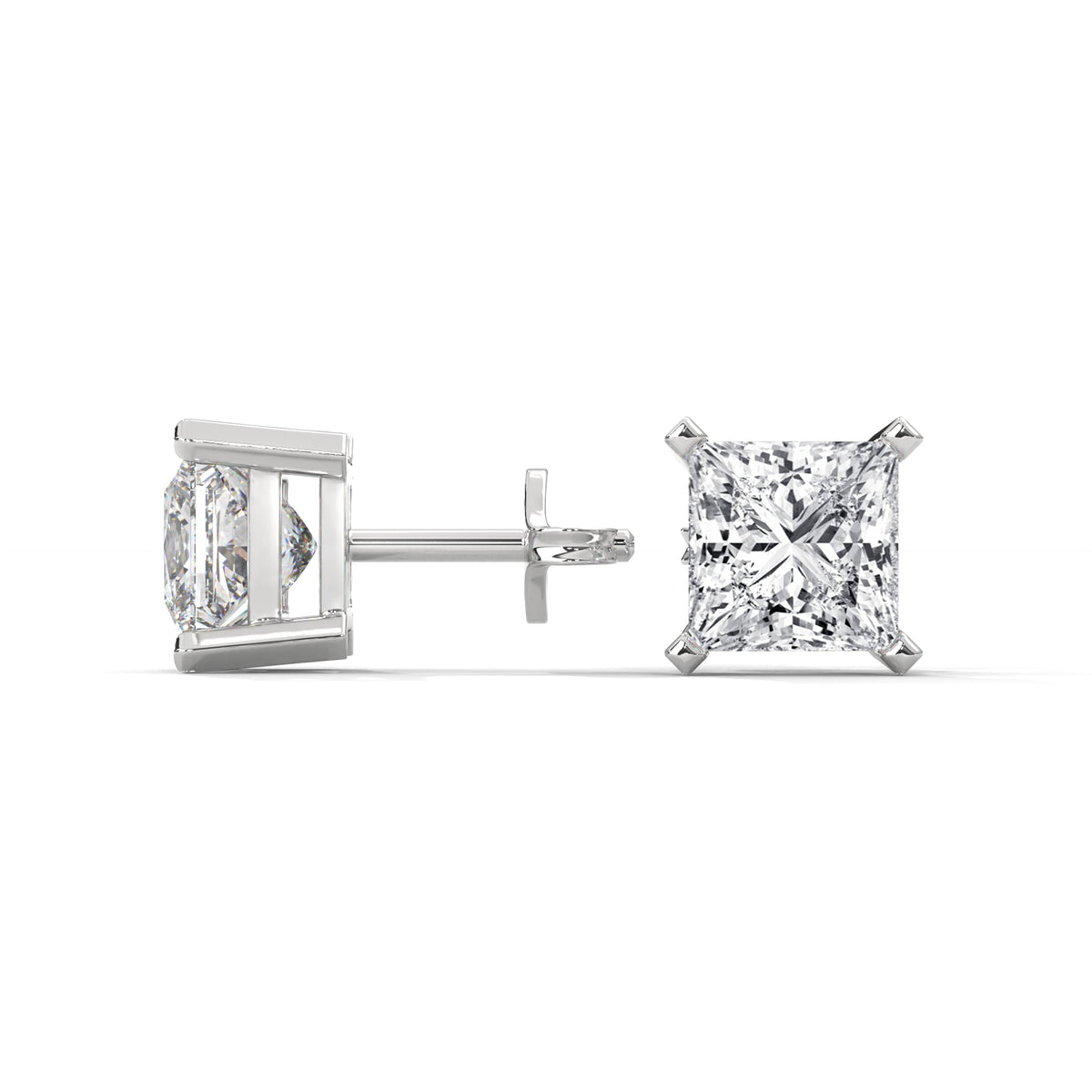 Princess Cut Solitaire Diamond Stud Earrings, detail view — Jewelix Atelier