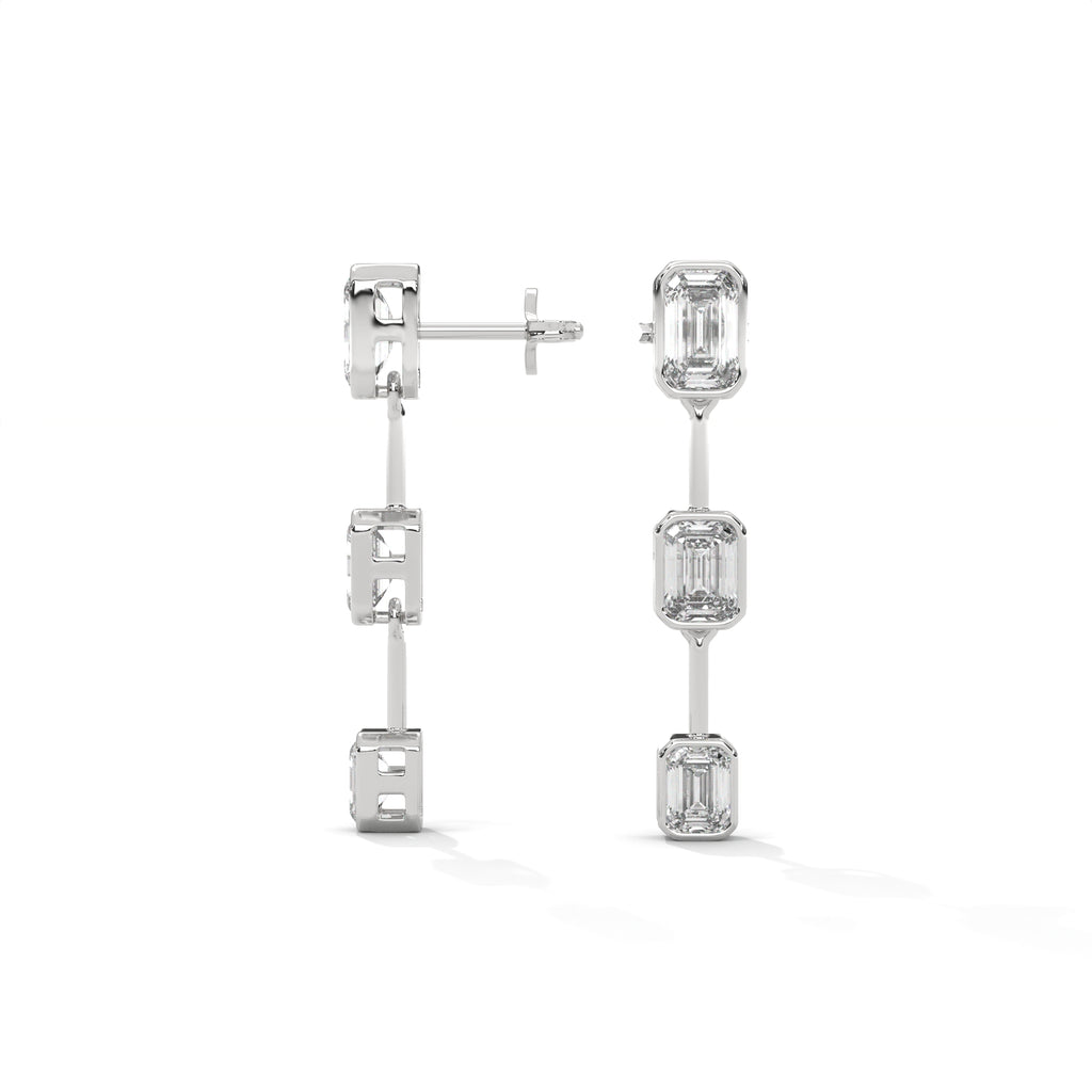Emerald Cut Three Station Drop Diamond Earrings