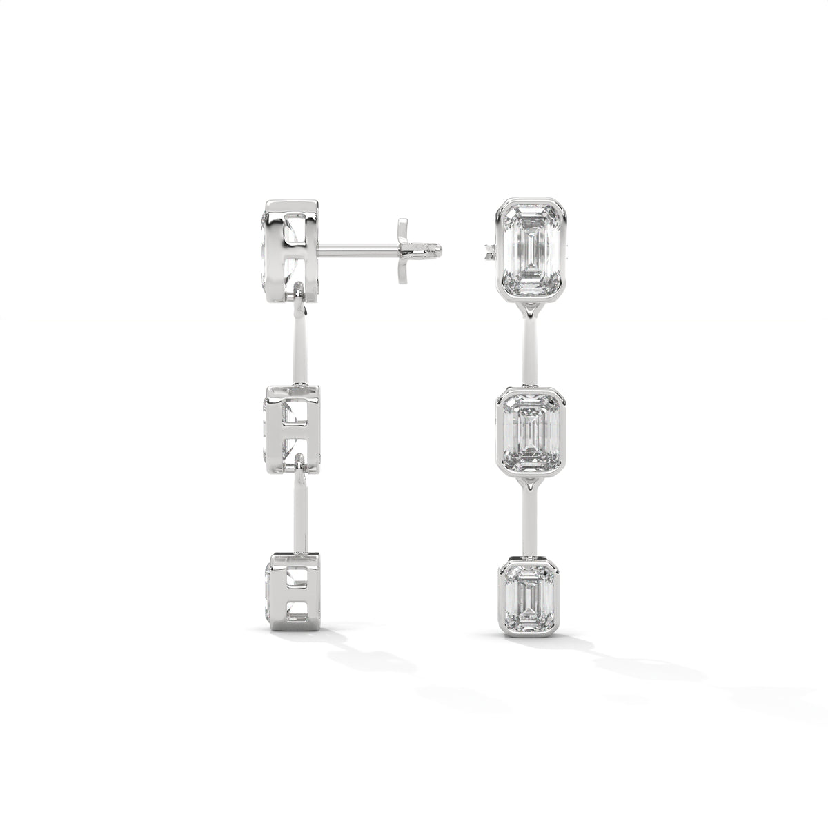 Emerald Cut Three Station Drop Diamond Earrings, detail view — Jewelix Atelier