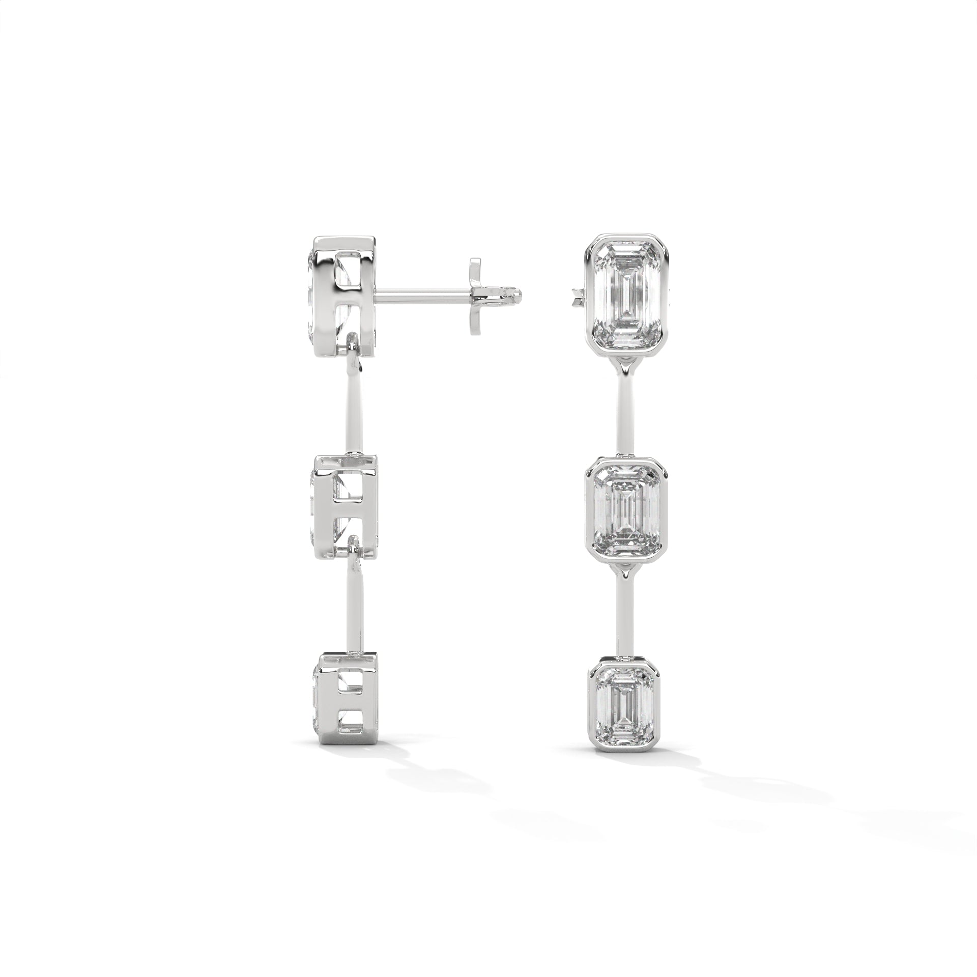 Emerald Cut Three Station Drop Diamond Earrings