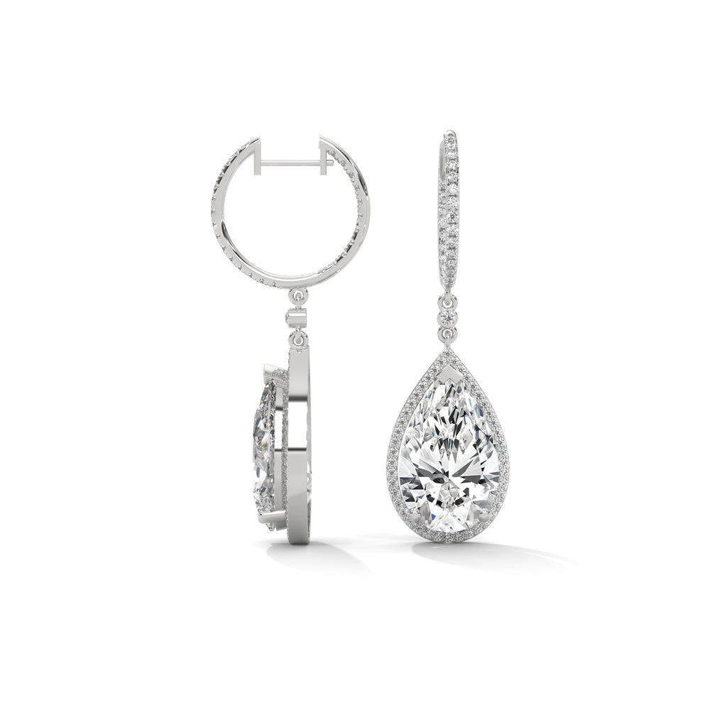Pear Halo Diamond Drop Hoop Earrings