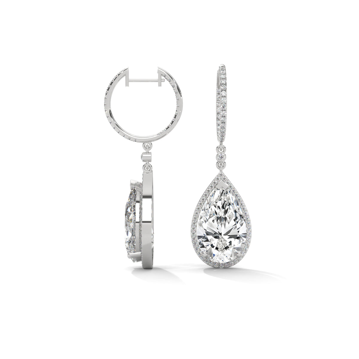Pear Halo Diamond Drop Hoop Earrings, detail view — Jewelix Atelier