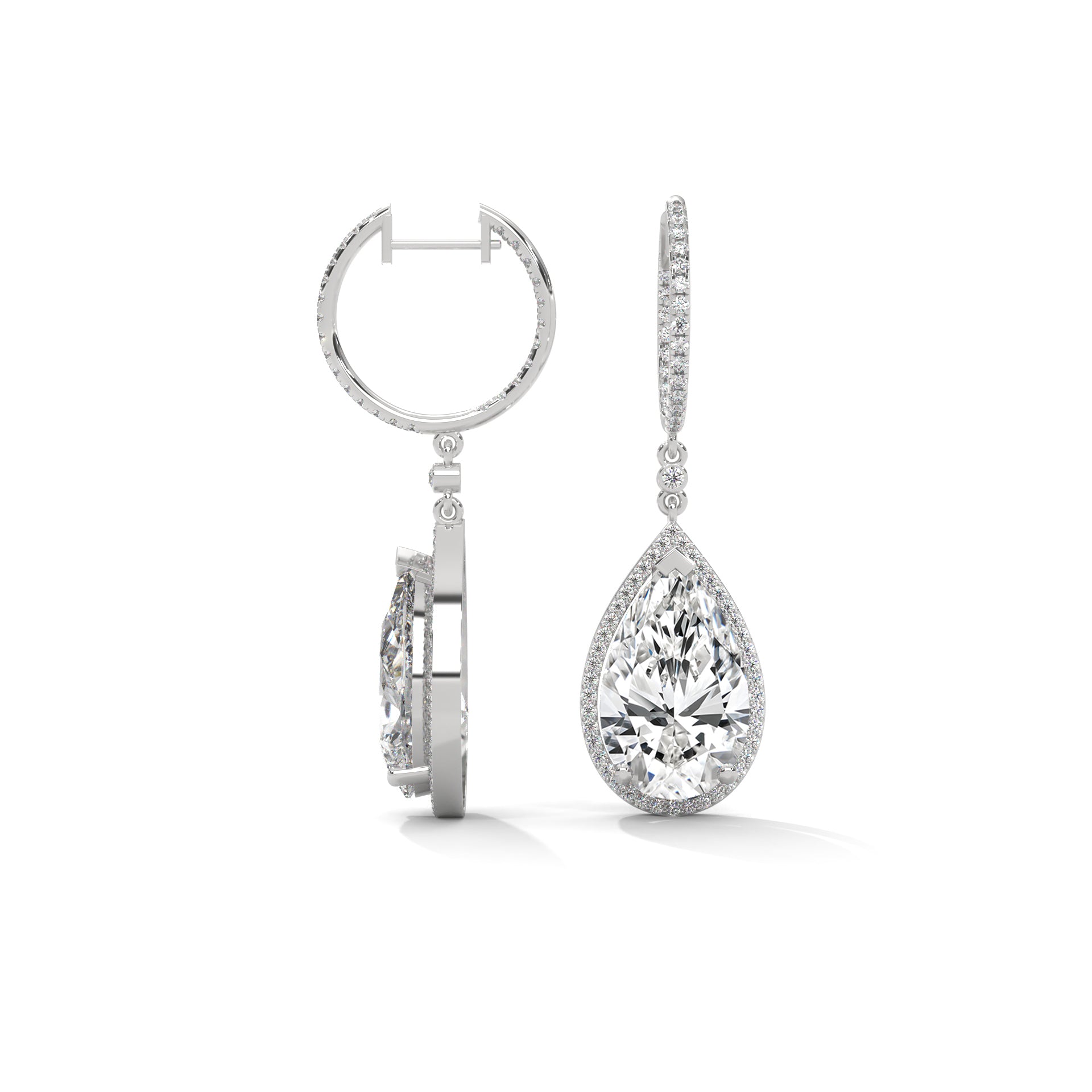 Pear Halo Diamond Drop Hoop Earrings