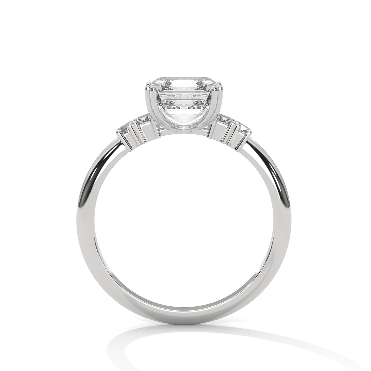 Asscher Cut Three Stone Diamond with Cathedral Setting Engagement – view 7 of 9, lab grown diamond ring | Jewelix Atelier