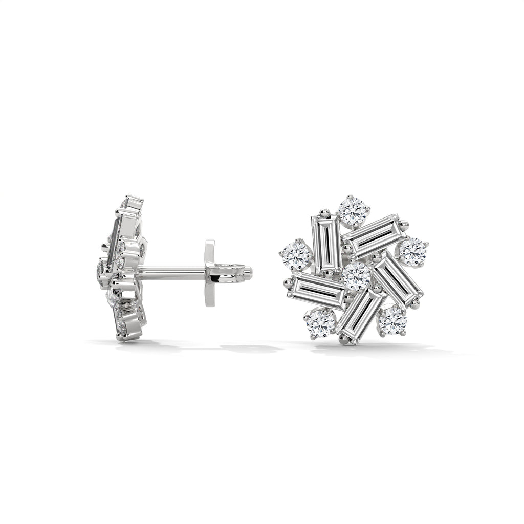 Baguette & Round Diamond Cluster Stud Earrings