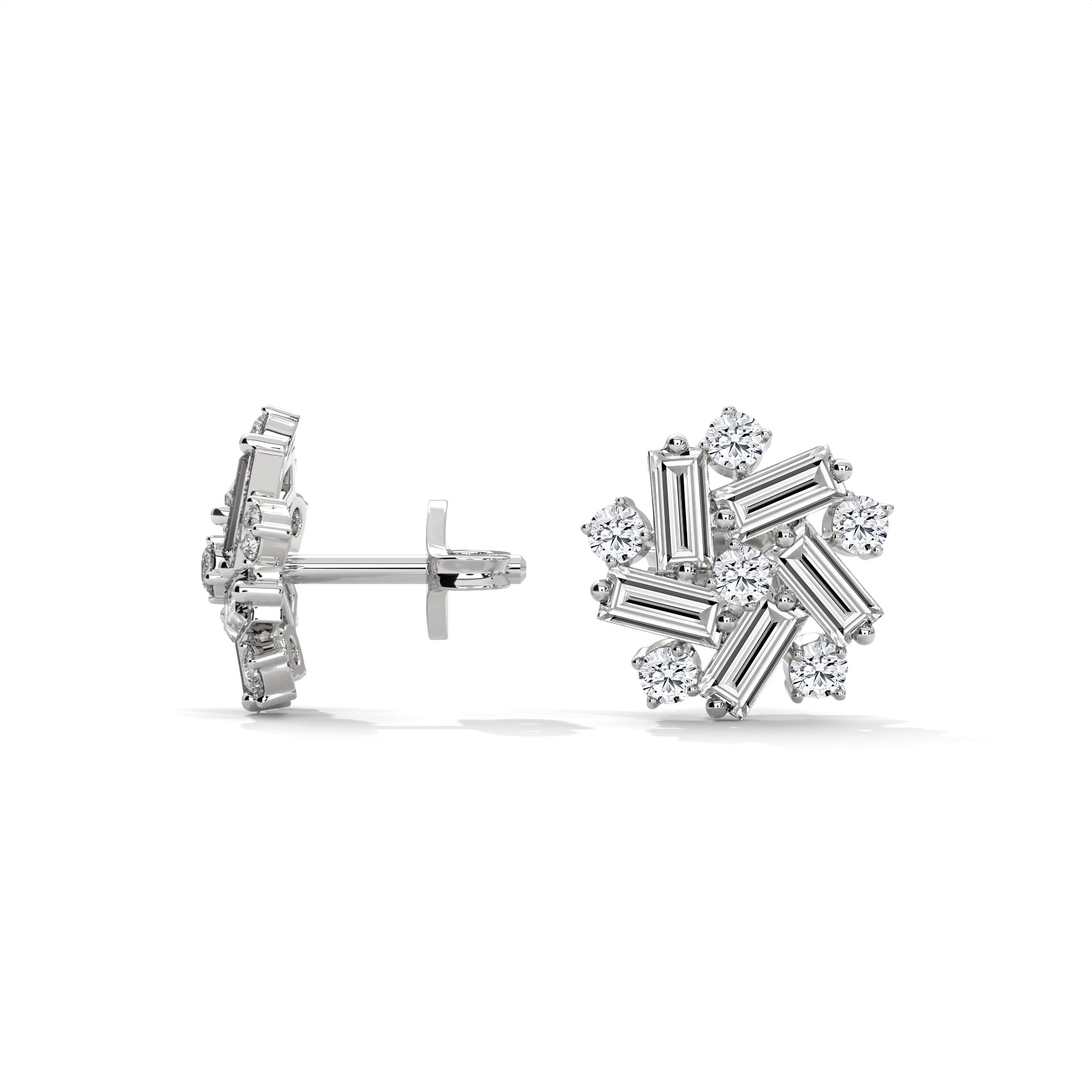 Baguette & Round Diamond Cluster Stud Earrings