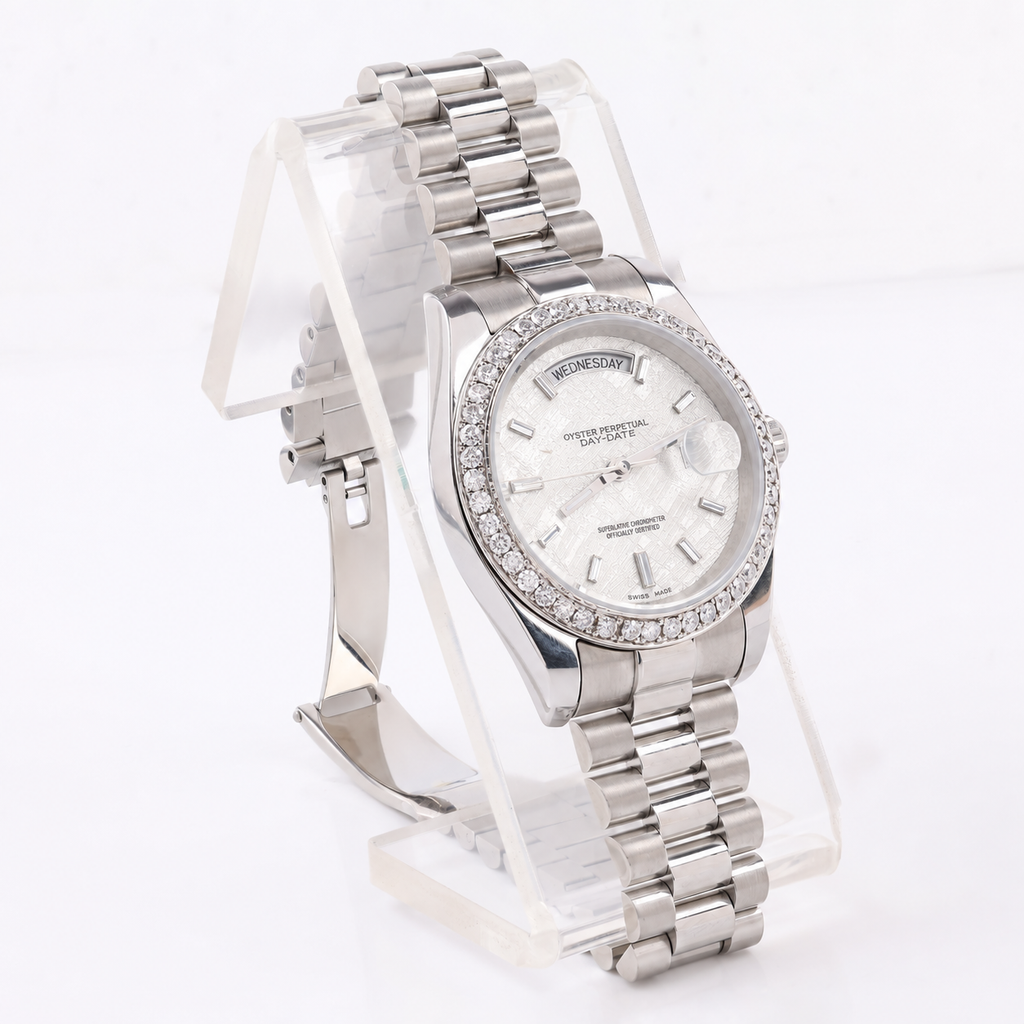 Silver Moissanite Bezel Day-Date Watch