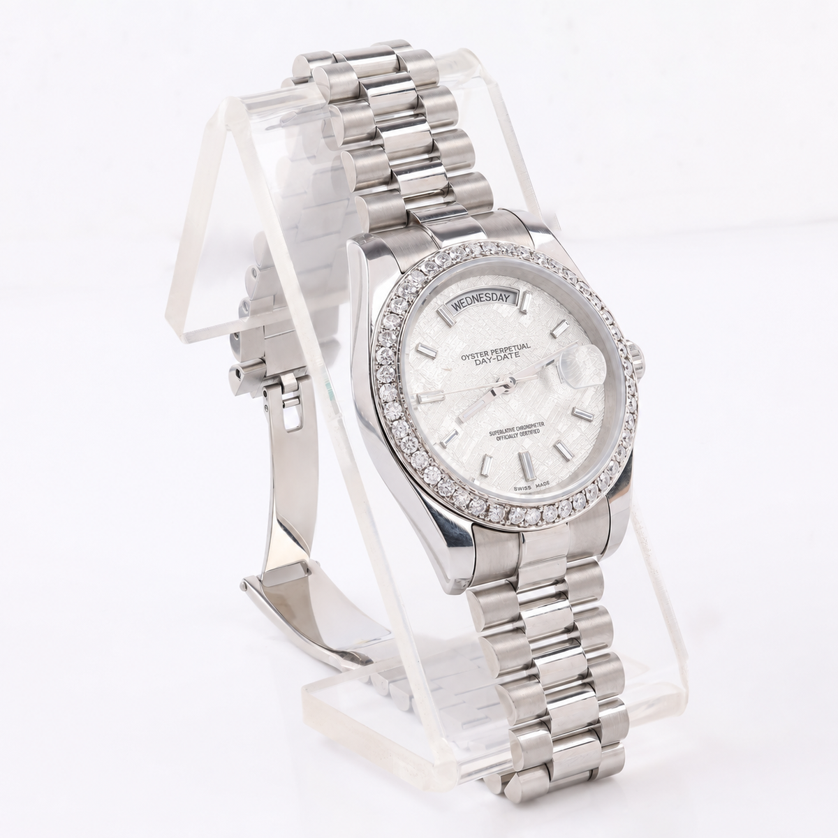 Silver Moissanite Bezel Day-Date Watch