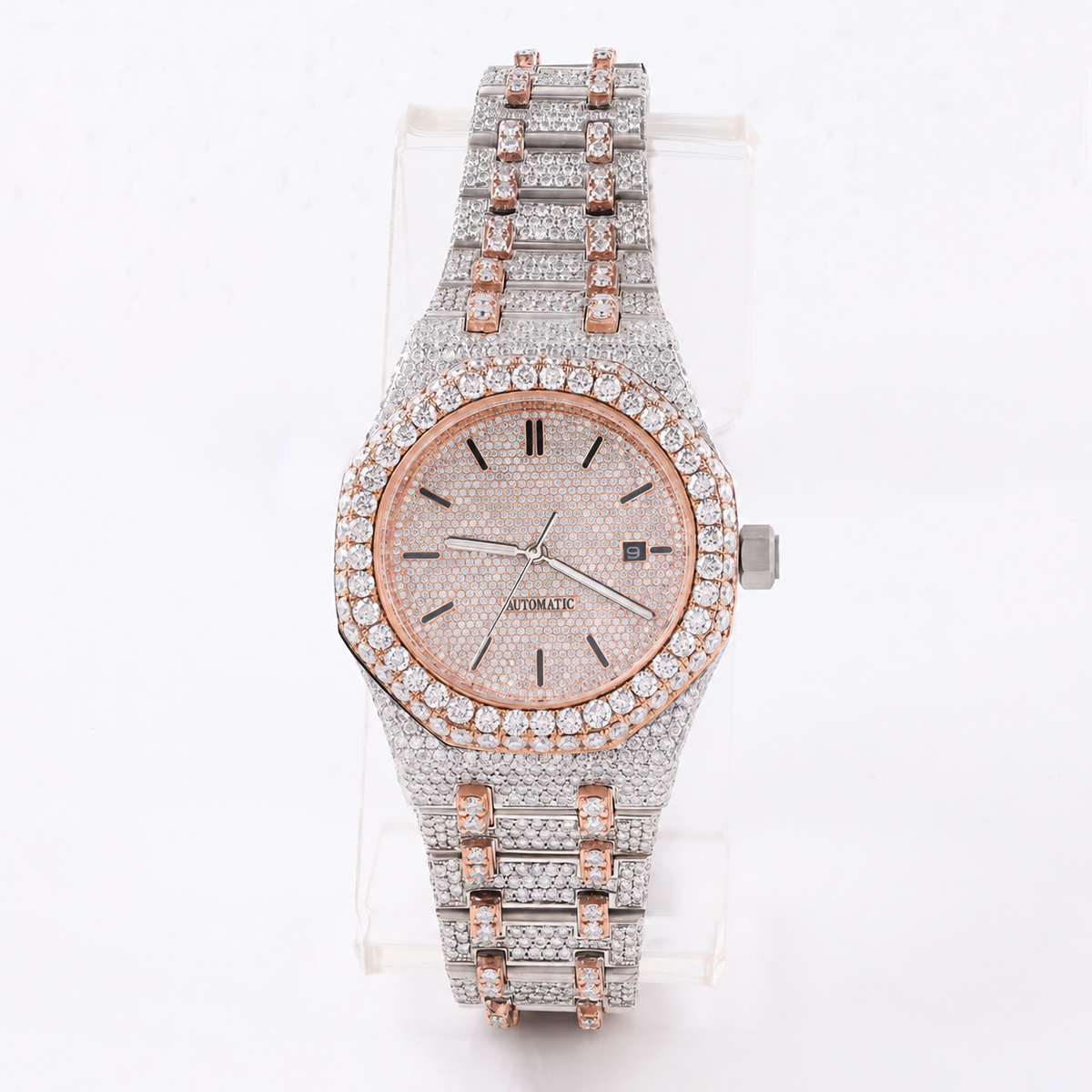 Rose Gold Two-Tone Full Moissanite Automatic Watch – view 2 of 4, lab grown diamond jewelry | Jewelix Atelier