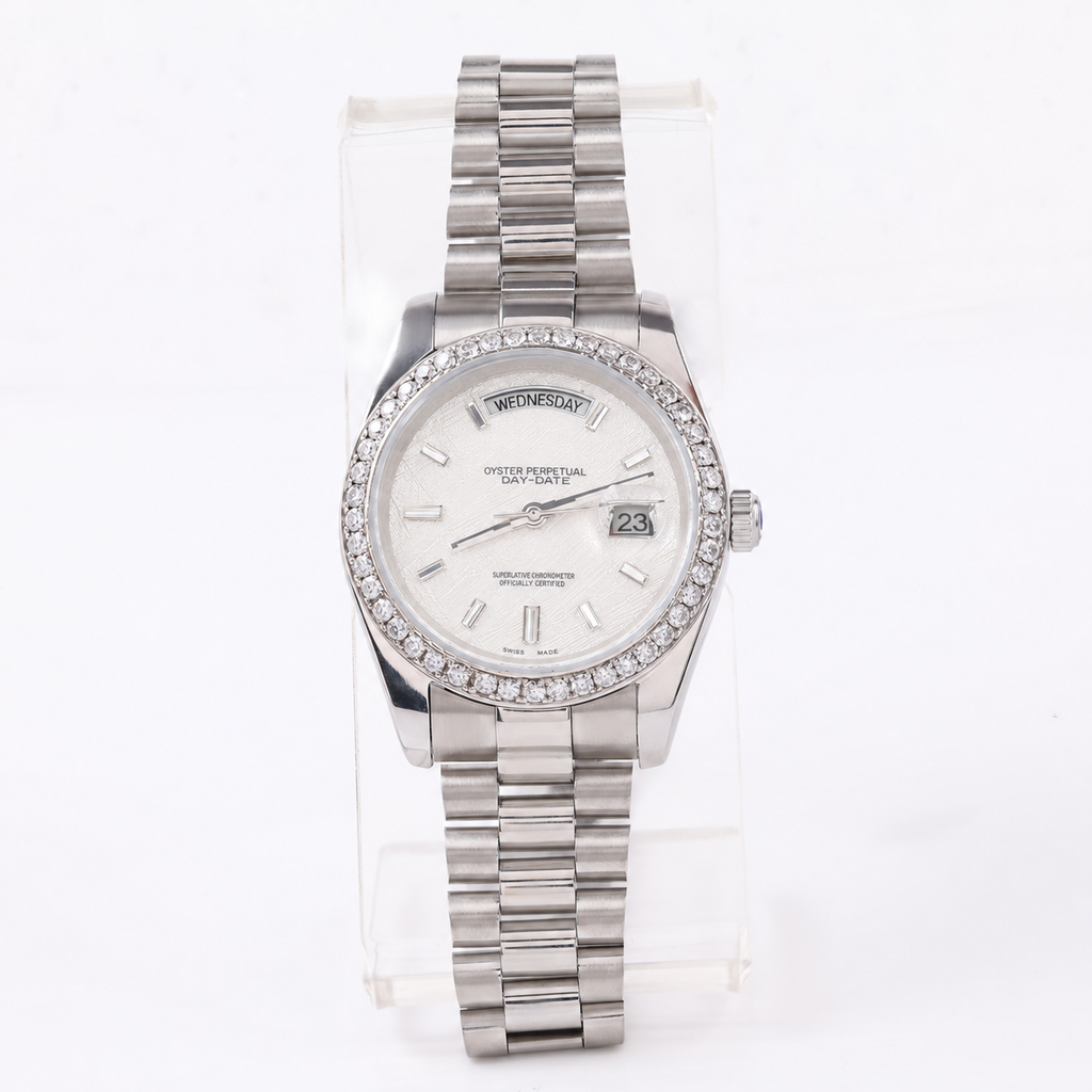 Silver Moissanite Bezel Day-Date Watch