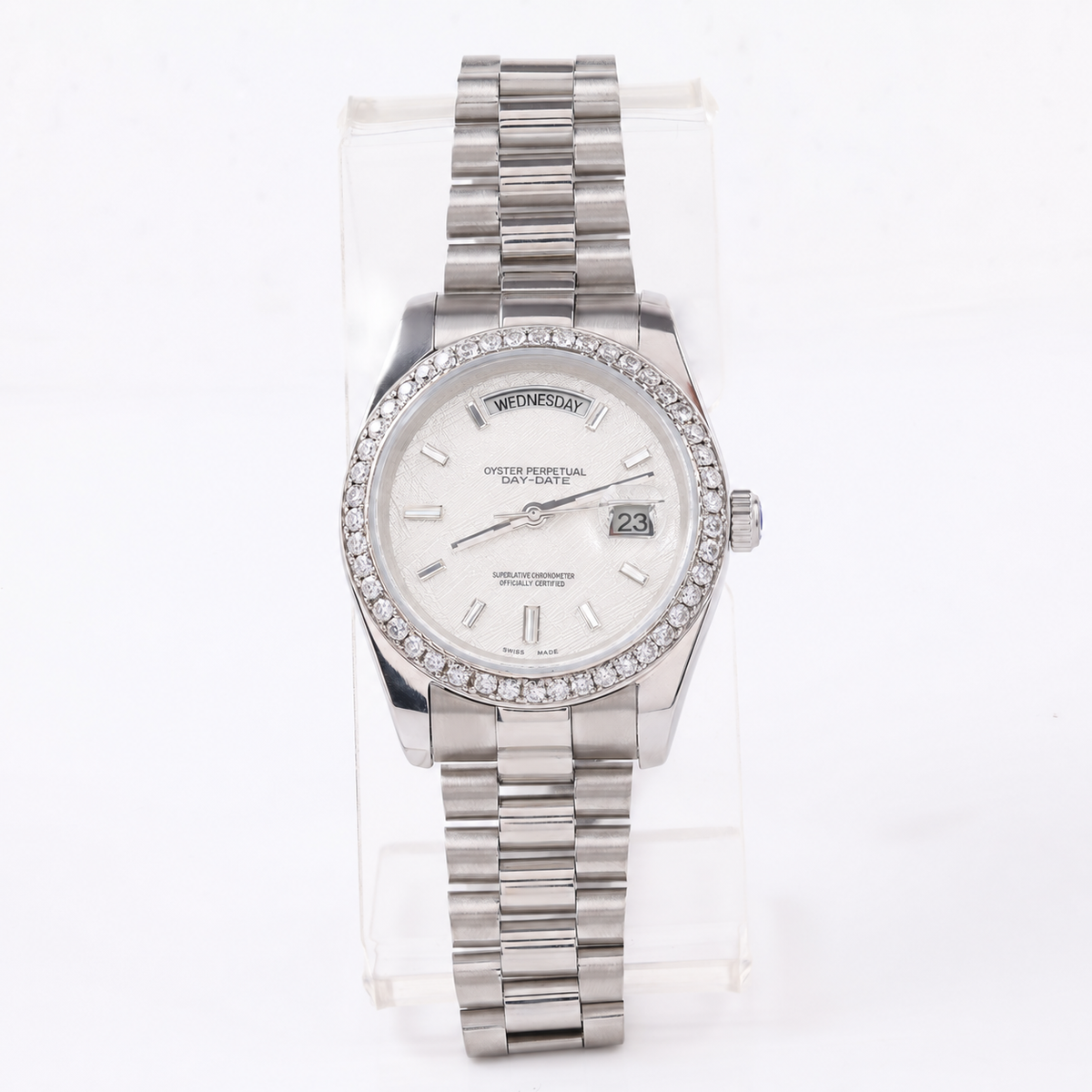 Silver Moissanite Bezel Day-Date Watch