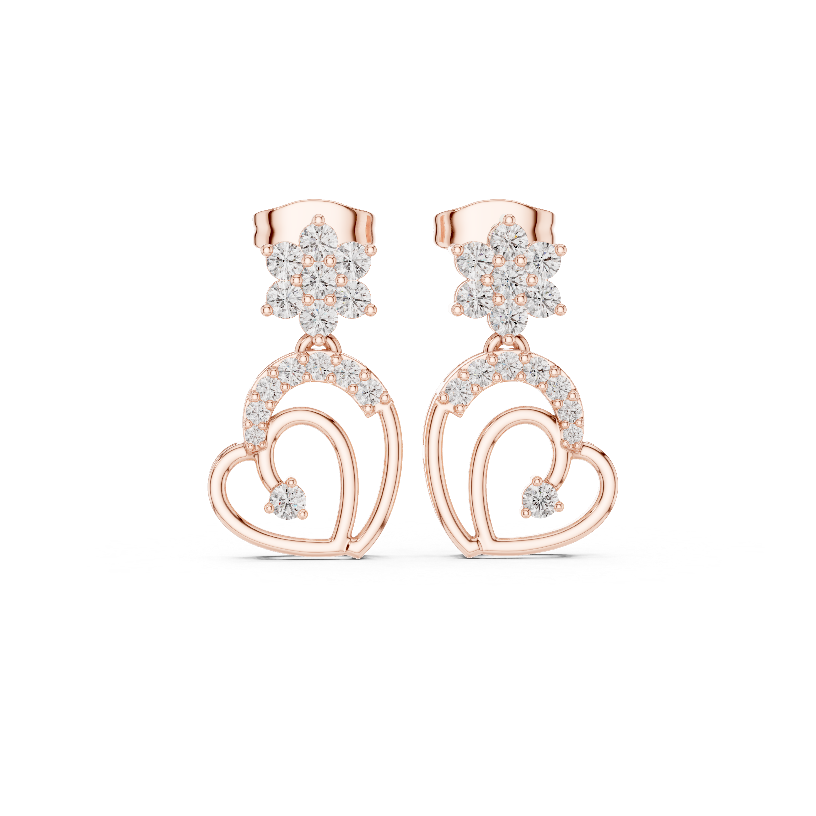 Diamond Heart Drop Stud Earrings