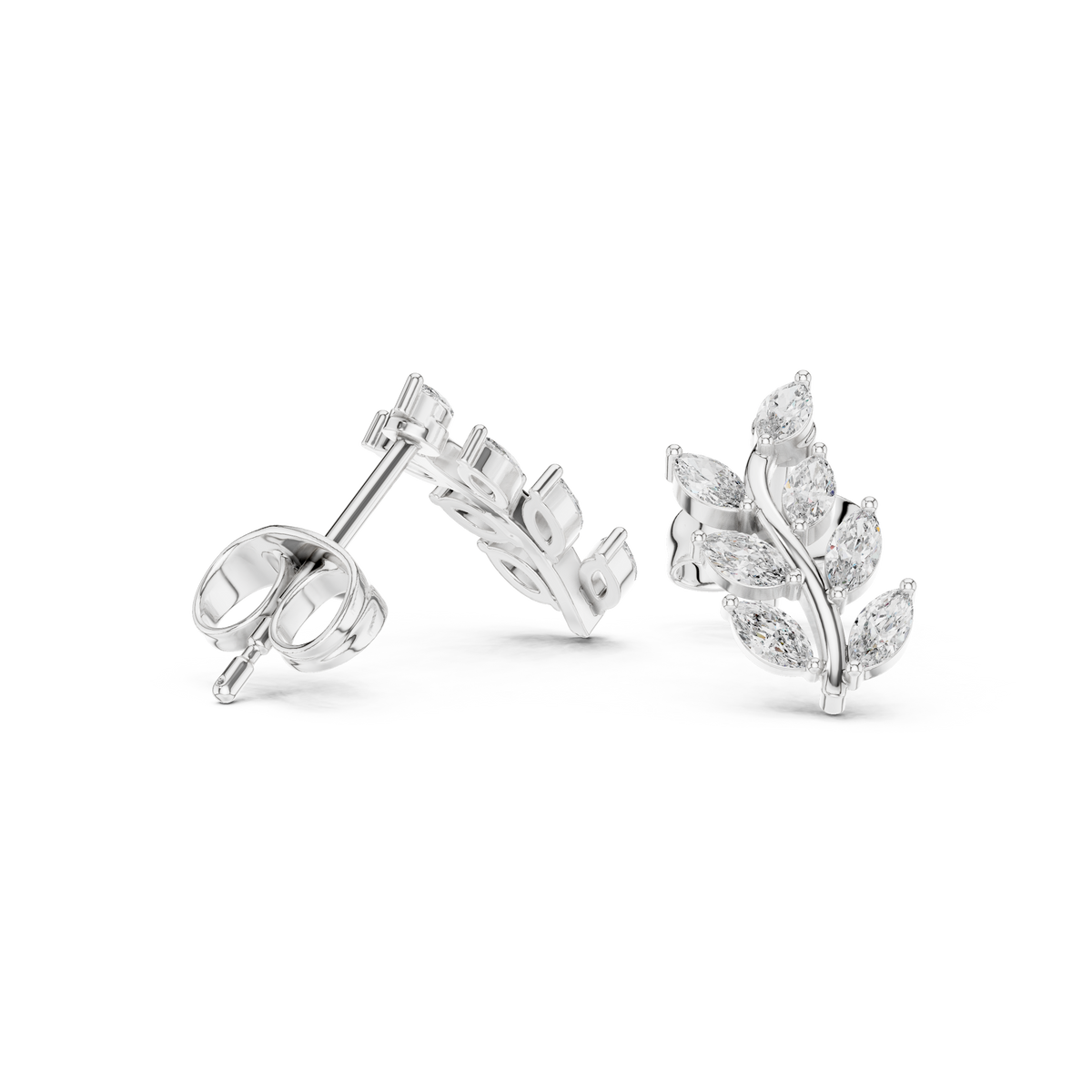 Marquise Diamond Leaf Vine Stud Earrings, product photo — Jewelix Atelier