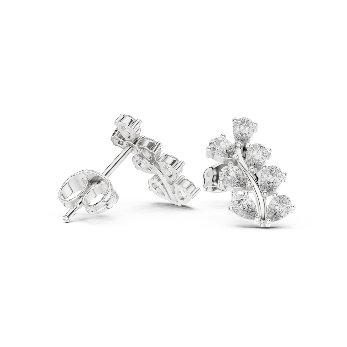 Pear Diamond Leaf Vine Stud Earrings, product photo — Jewelix Atelier
