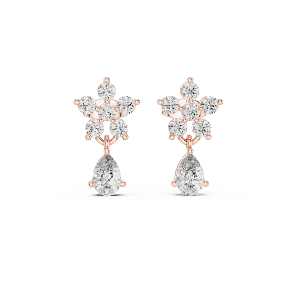 Pear Drop & Round Diamond Floral Stud Earrings