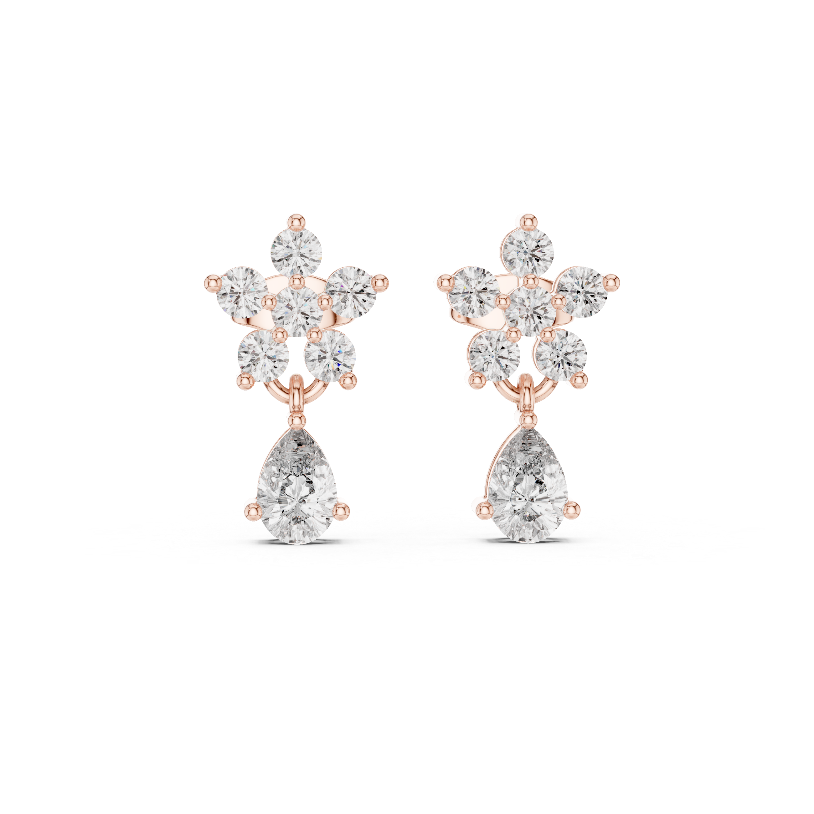 Pear Drop & Round Diamond Floral Stud Earrings