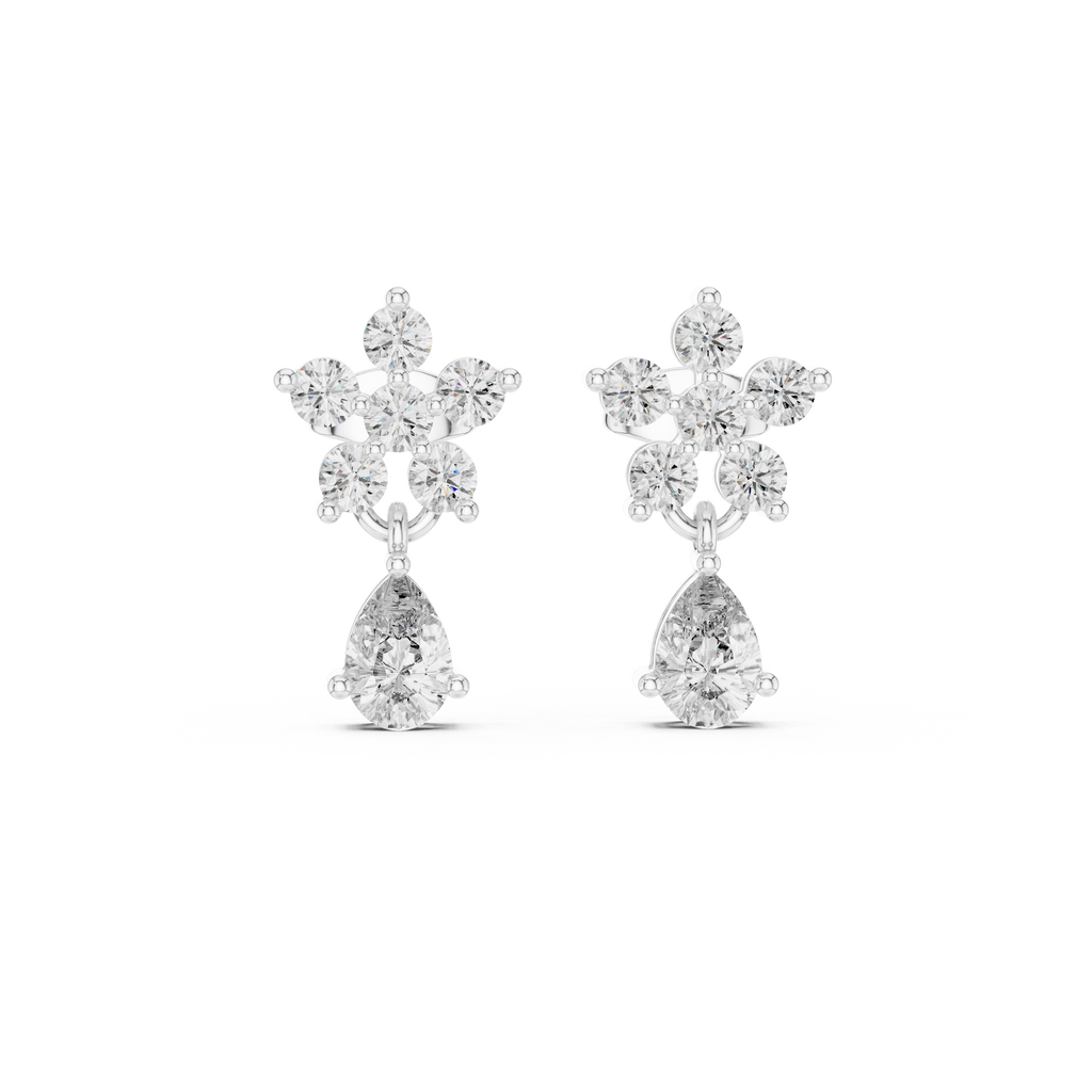 Pear Drop & Round Diamond Floral Stud Earrings