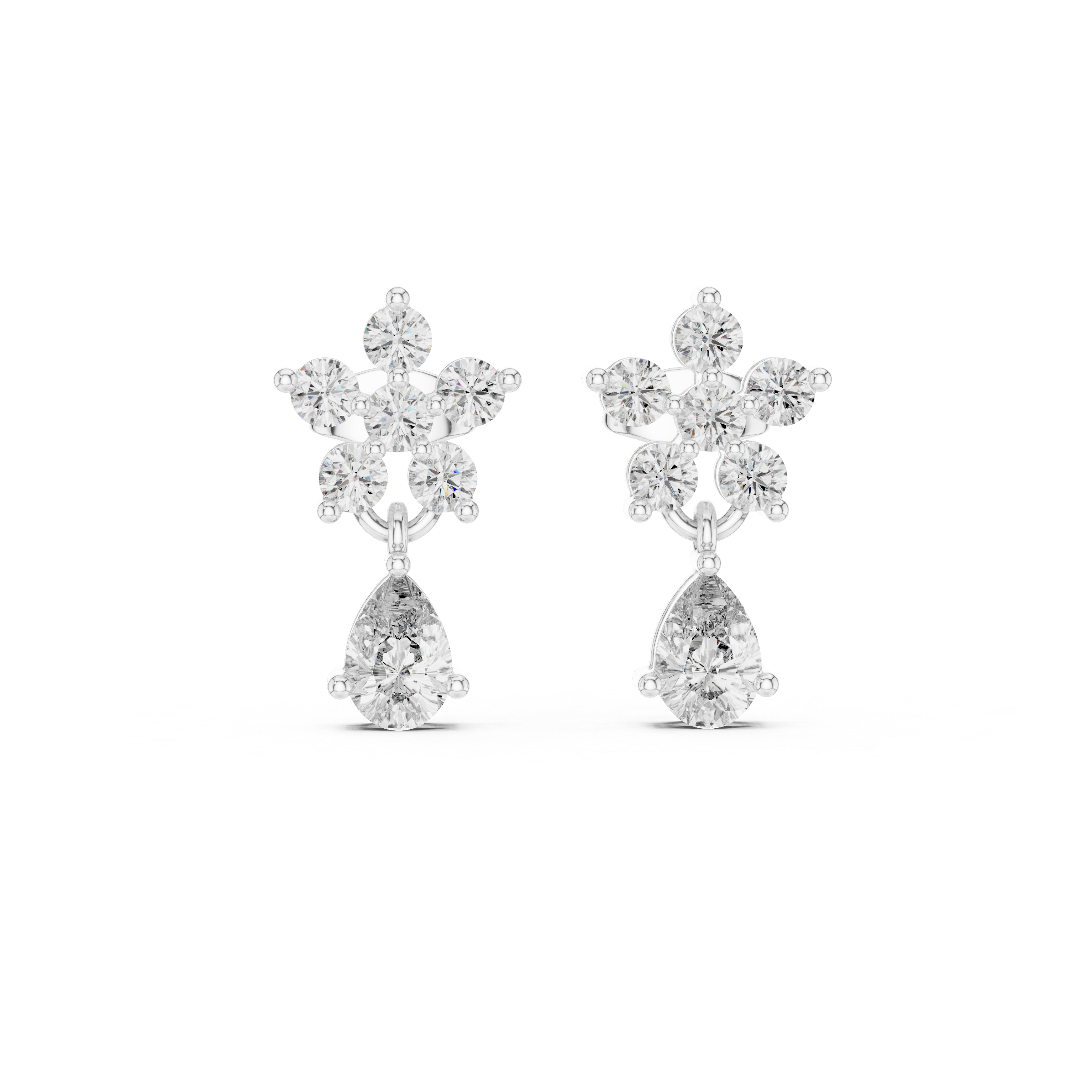 Pear Drop & Round Diamond Floral Stud Earrings