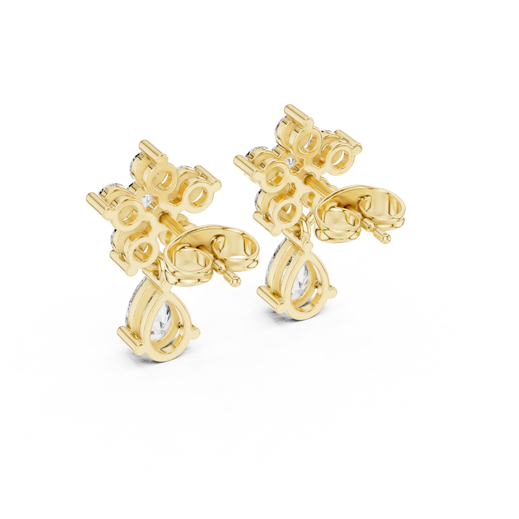 Pear Drop & Round Diamond Floral Stud Earrings