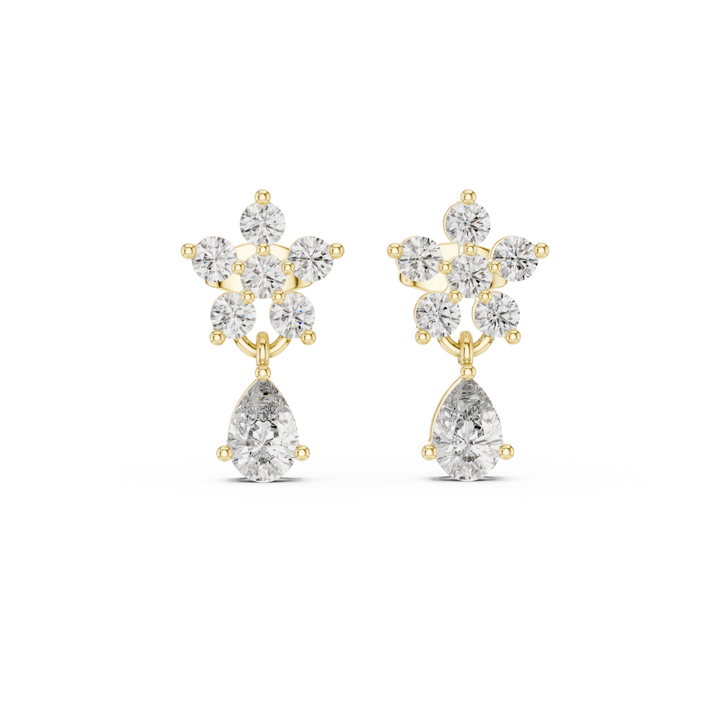 Pear Drop & Round Diamond Floral Stud Earrings